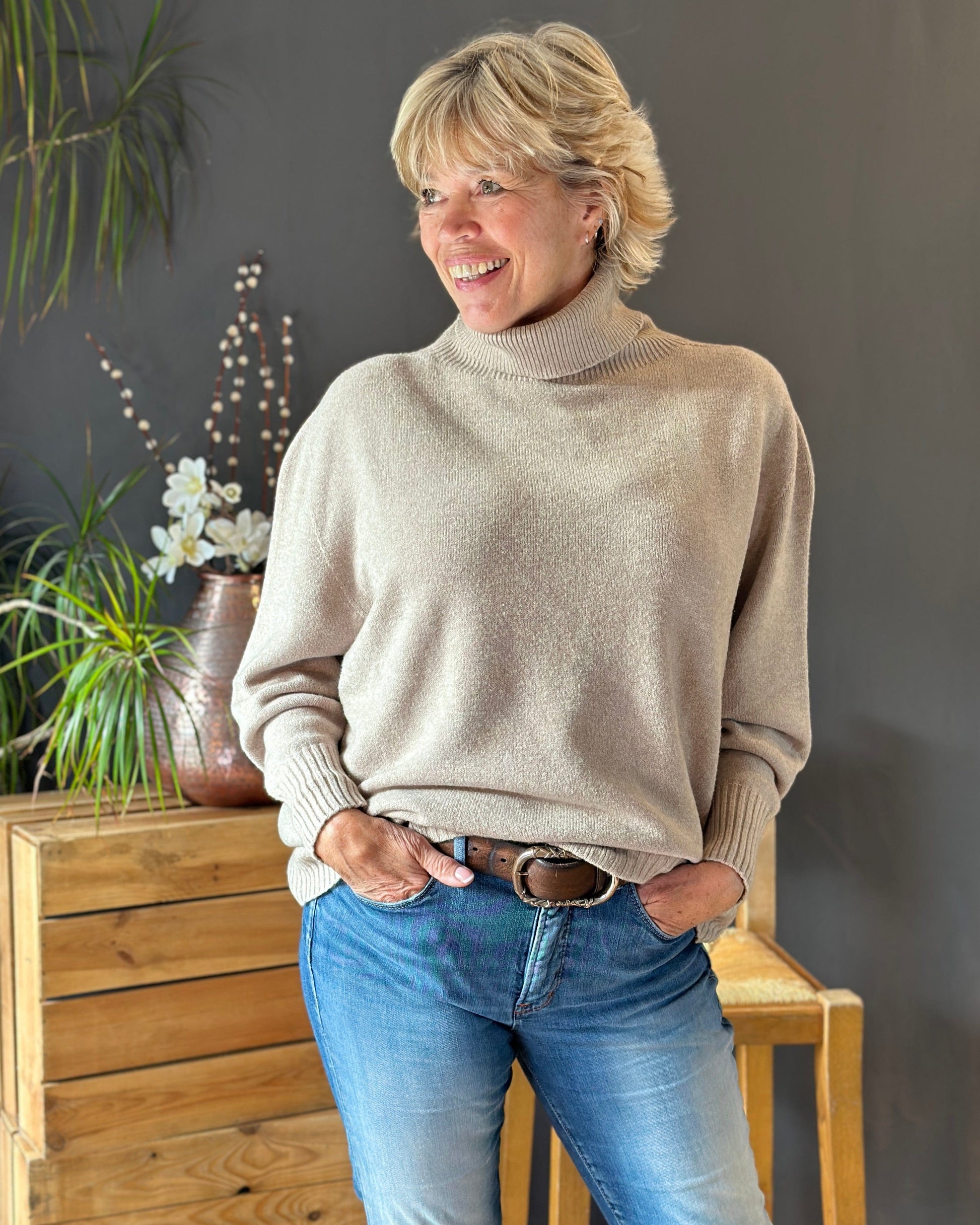 Clothing Soft Knit Roll Neck Jumper - Beige