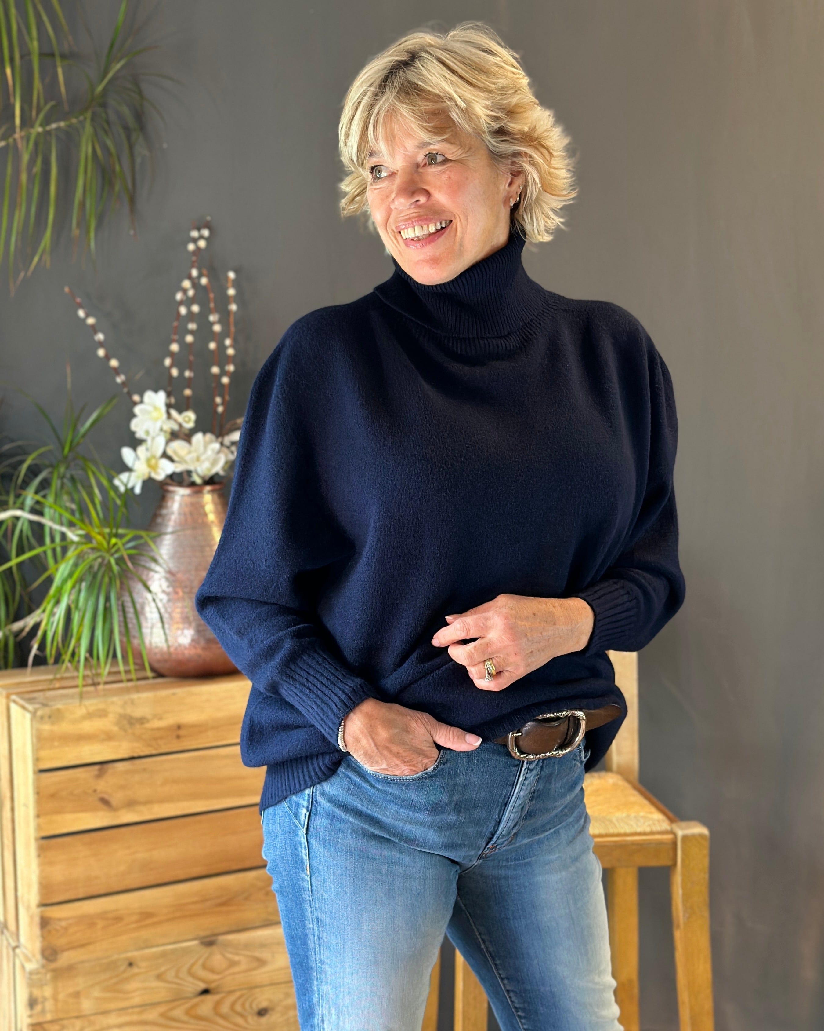 Asymmetric Draped Roll Neck Jumper - Navy