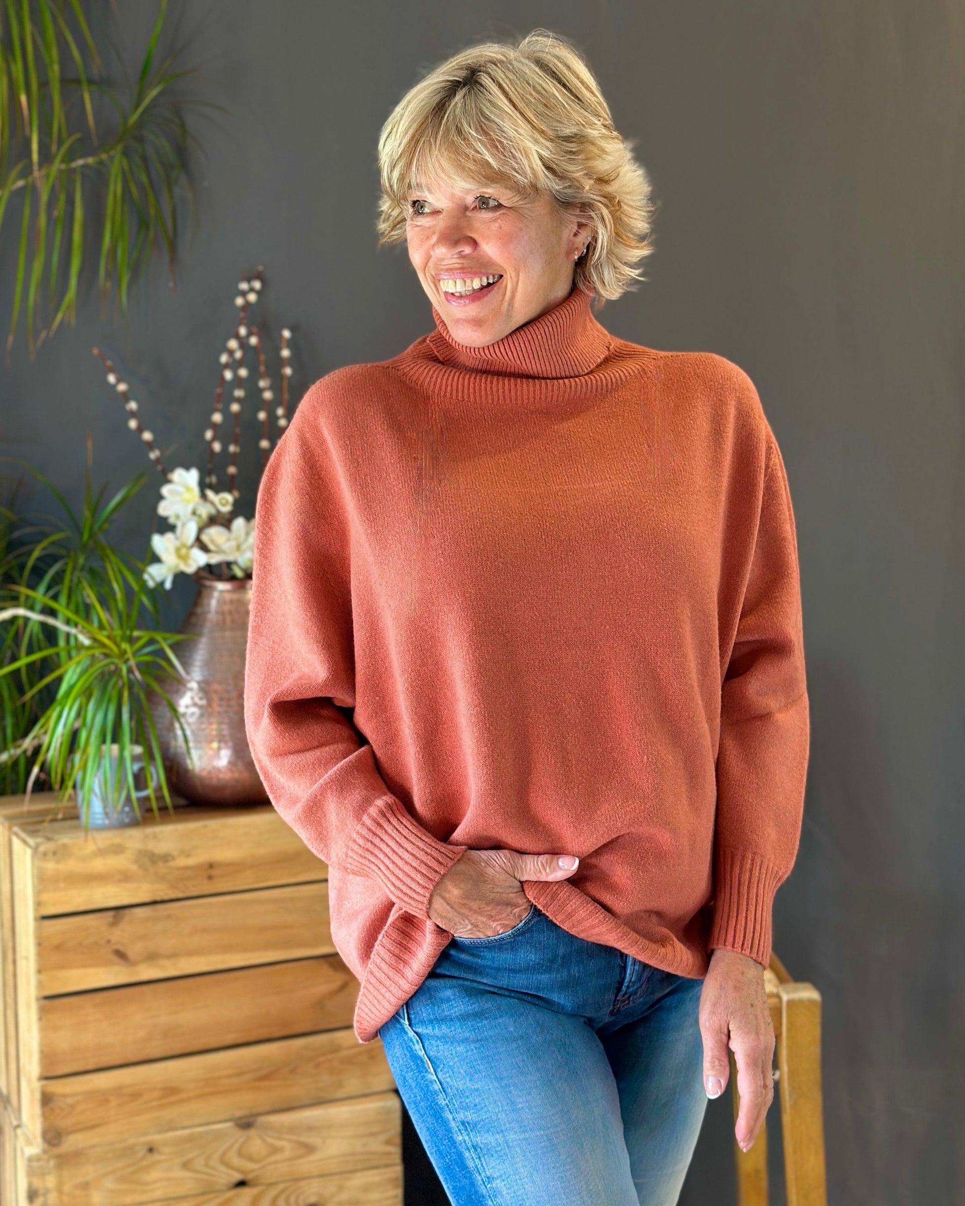 Clothing Soft Knit Roll Neck Jumper - Terracotta