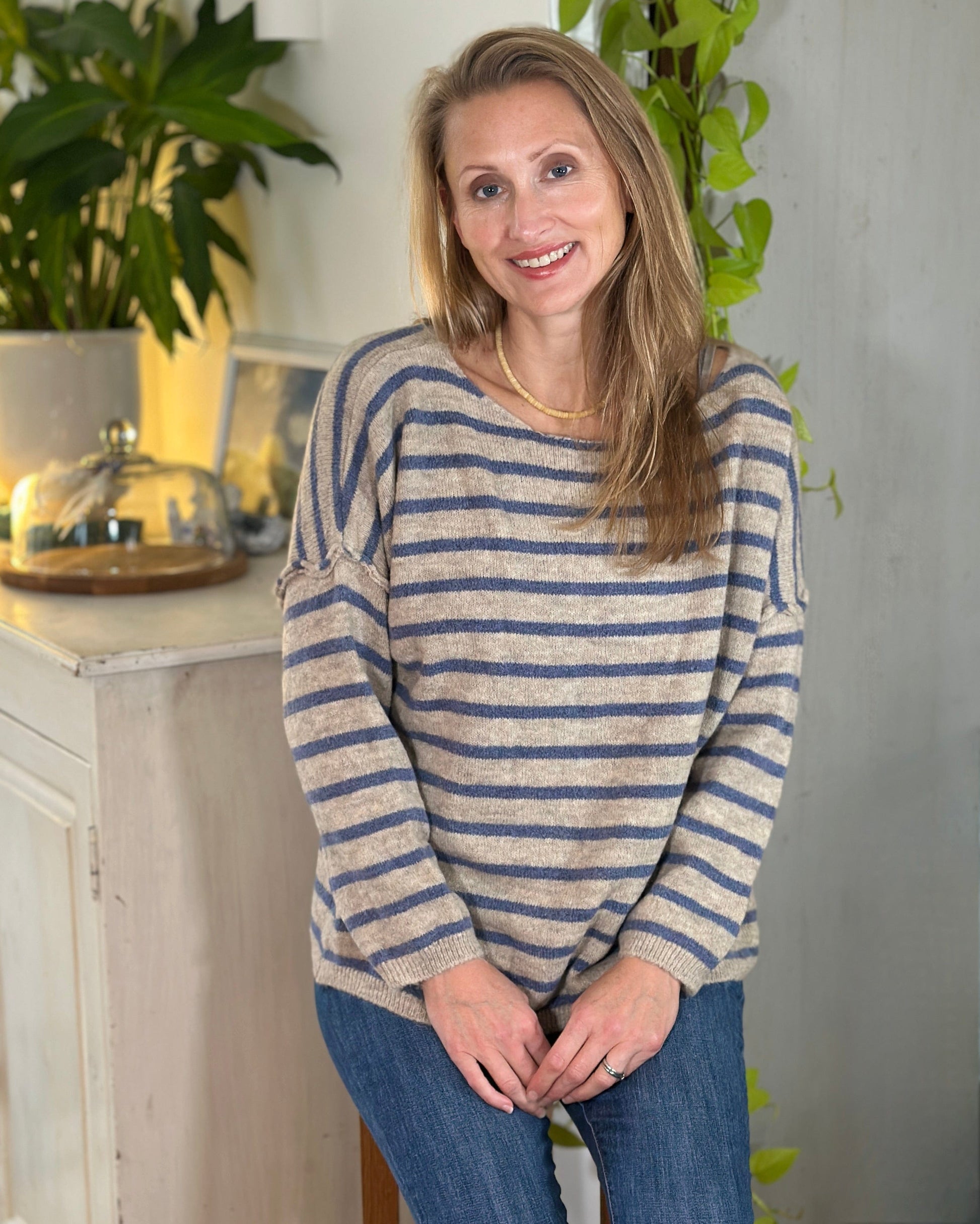 clothing Soft Knit Striped Jumper - Denim/Grey