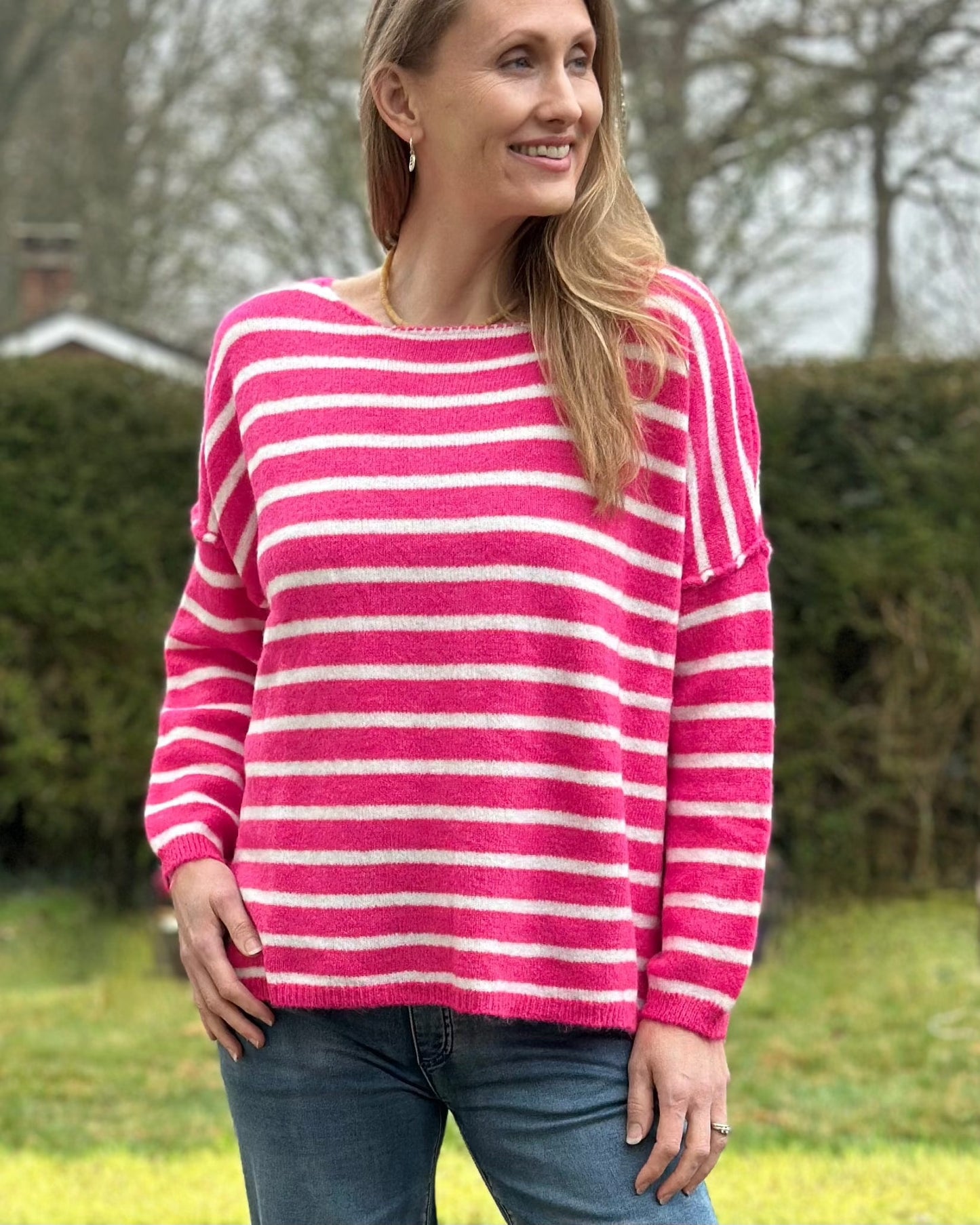 clothing Soft Knit Striped Jumper - Fuchsia/White