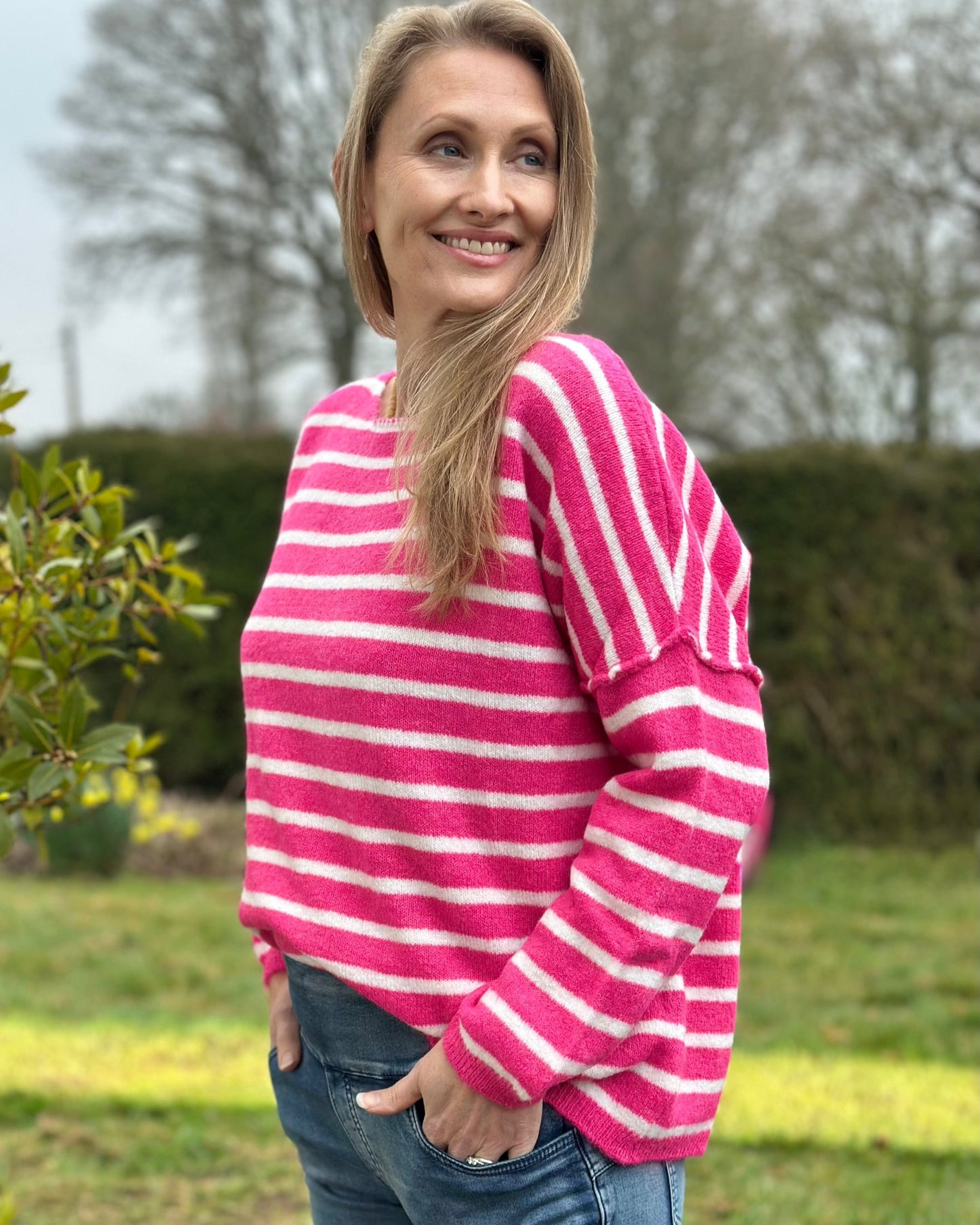clothing Soft Knit Striped Jumper - Fuchsia/White