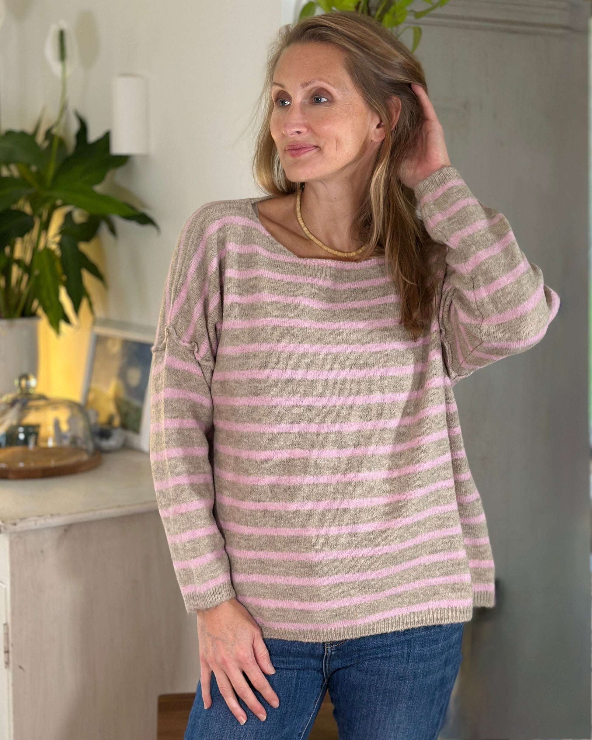 clothing Soft Knit Striped Jumper - Pink/Oatmeal