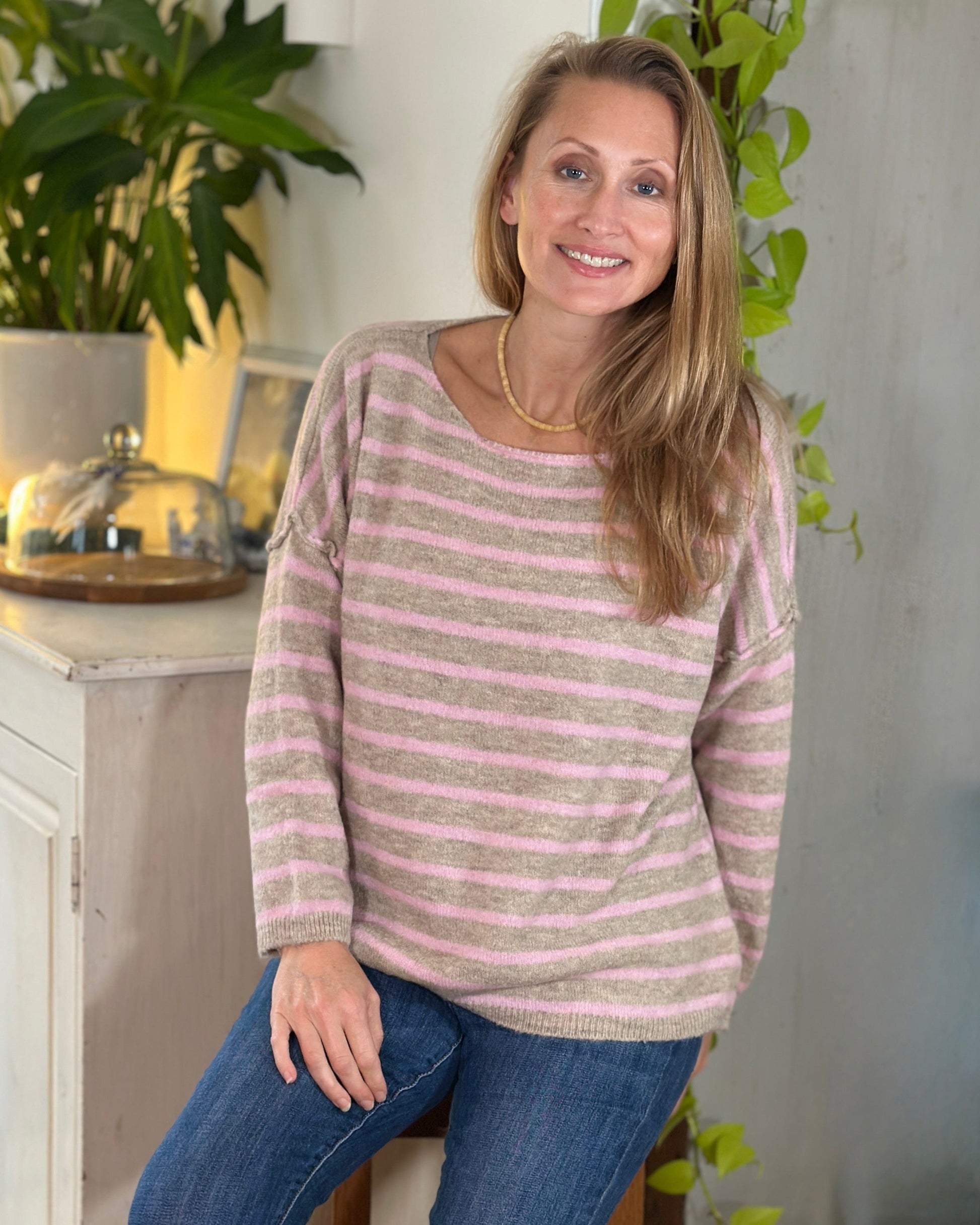 clothing Soft Knit Striped Jumper - Pink/Oatmeal