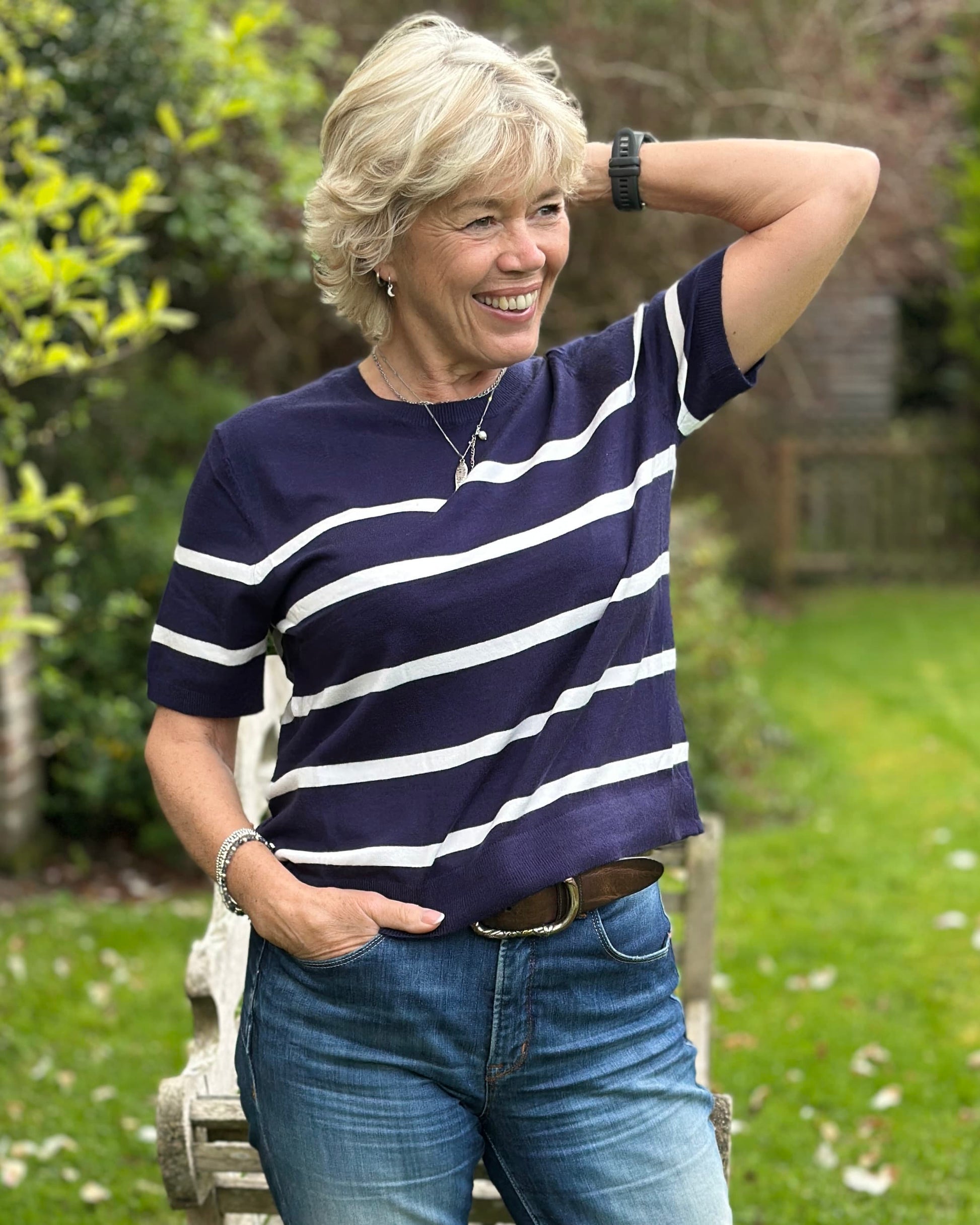 Clothing Soft Knit Striped Short Sleeve Jumper - Navy