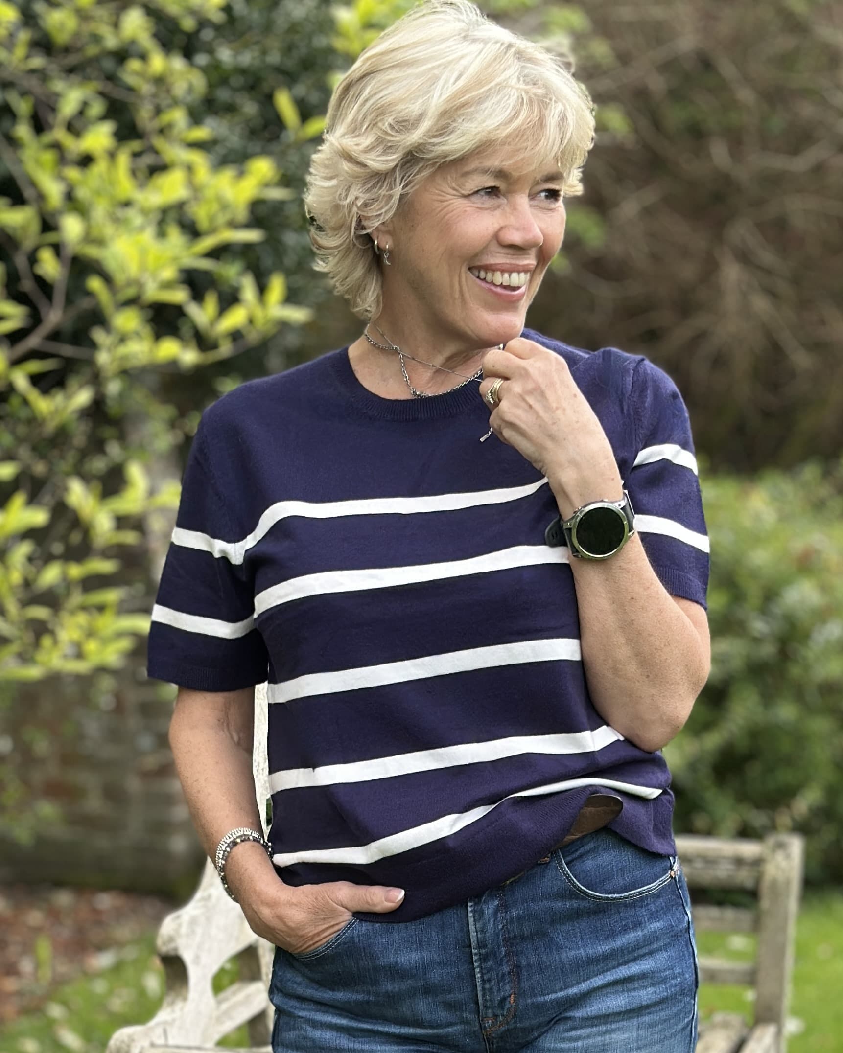 Clothing Soft Knit Striped Short Sleeve Jumper - Navy