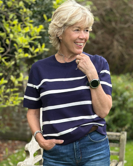 Clothing Soft Knit Striped Short Sleeve Jumper - Navy