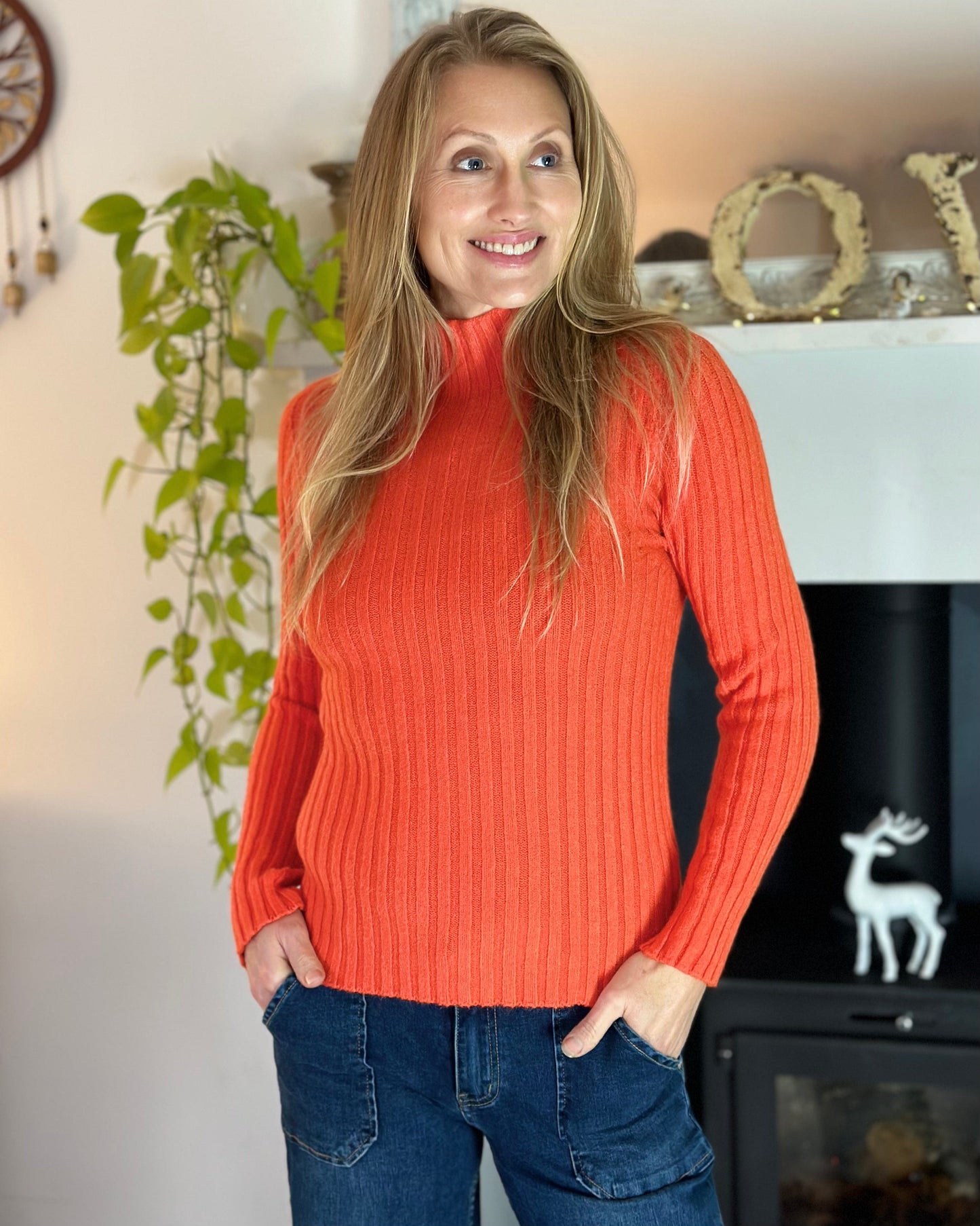Clothing Soft Knit Turtle Neck Ribbed Jumper - Orange