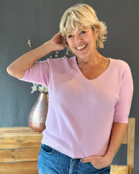 Clothing Soft Knit V Neck Short Sleeve Jumper - Pale Pink