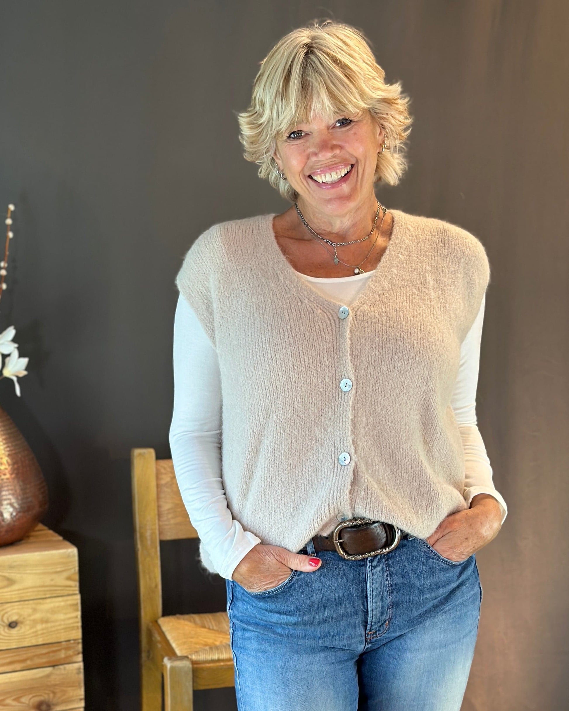 Clothing Soft Knit V-Neck Sleeveless Alpaca Cardigan - Beige