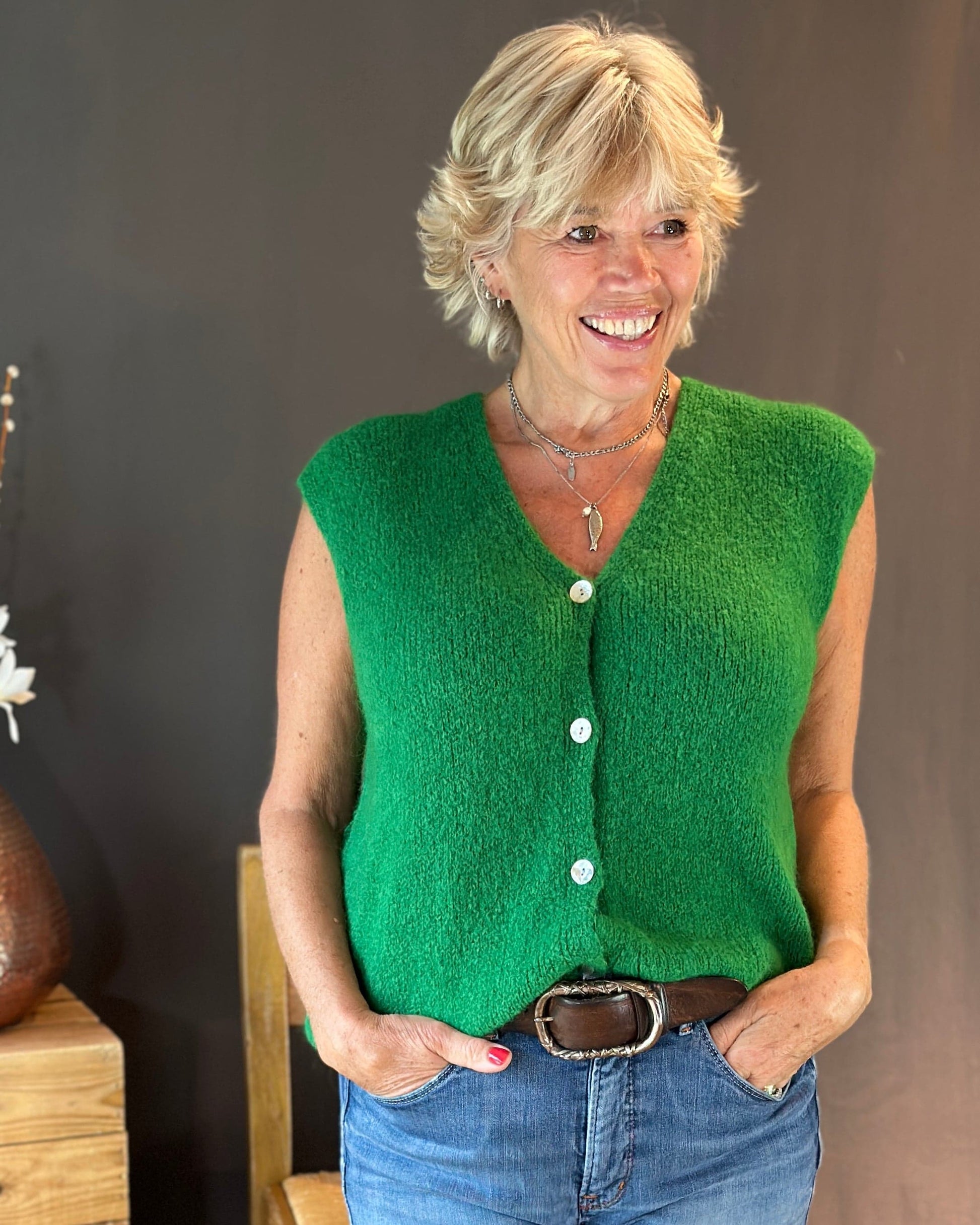 Clothing Soft Knit V-Neck Sleeveless Alpaca Cardigan - Emerald Green