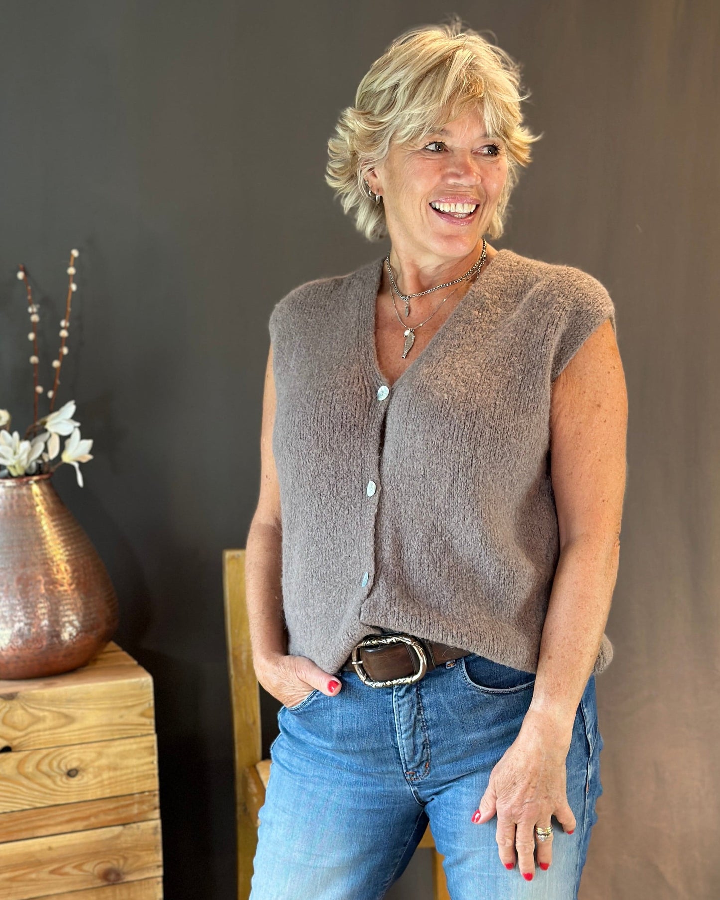 Clothing Soft Knit V-Neck Sleeveless Alpaca Cardigan - Truffle