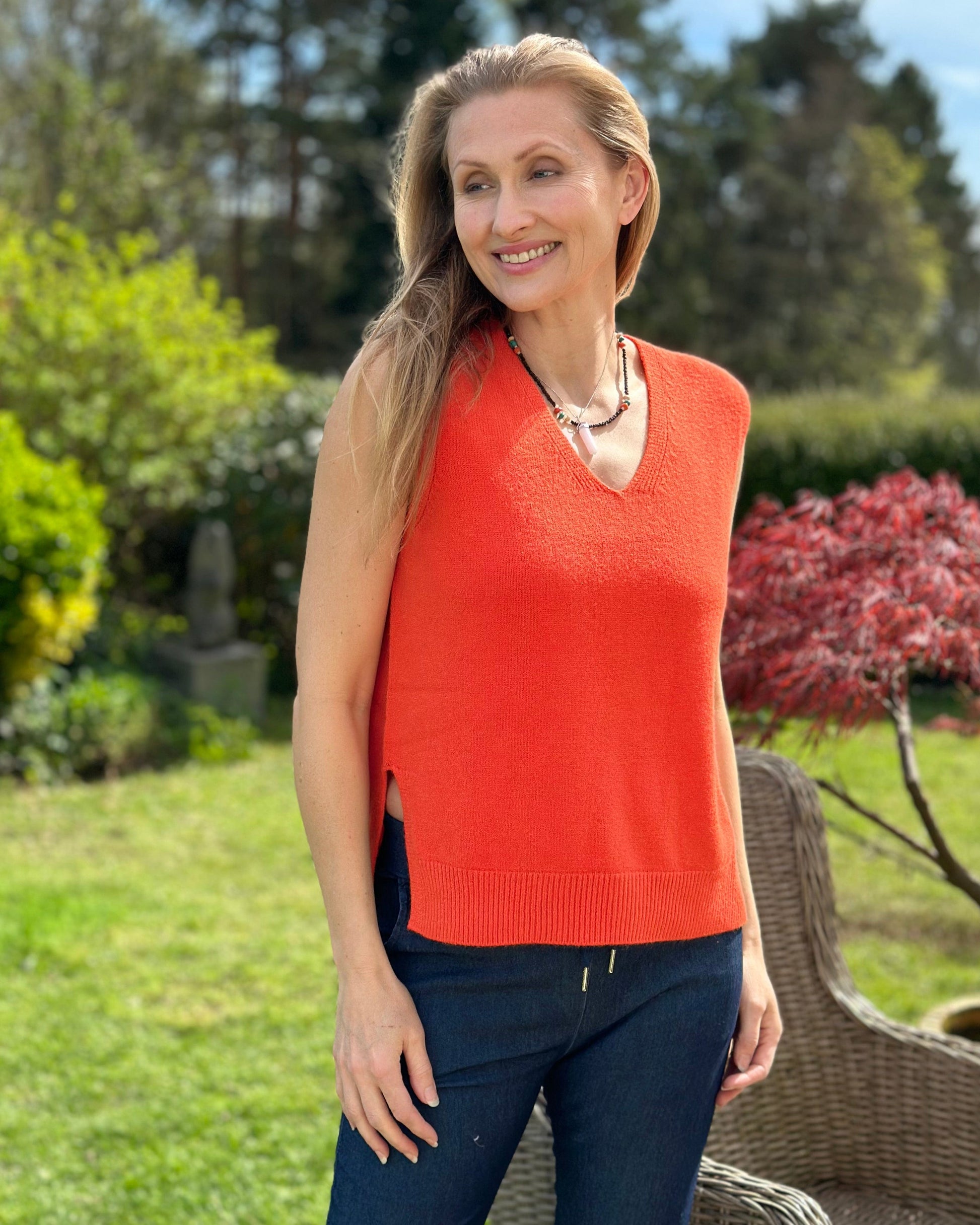 clothing Soft Knit V-Neck Sleeveless Tank Top - Orange