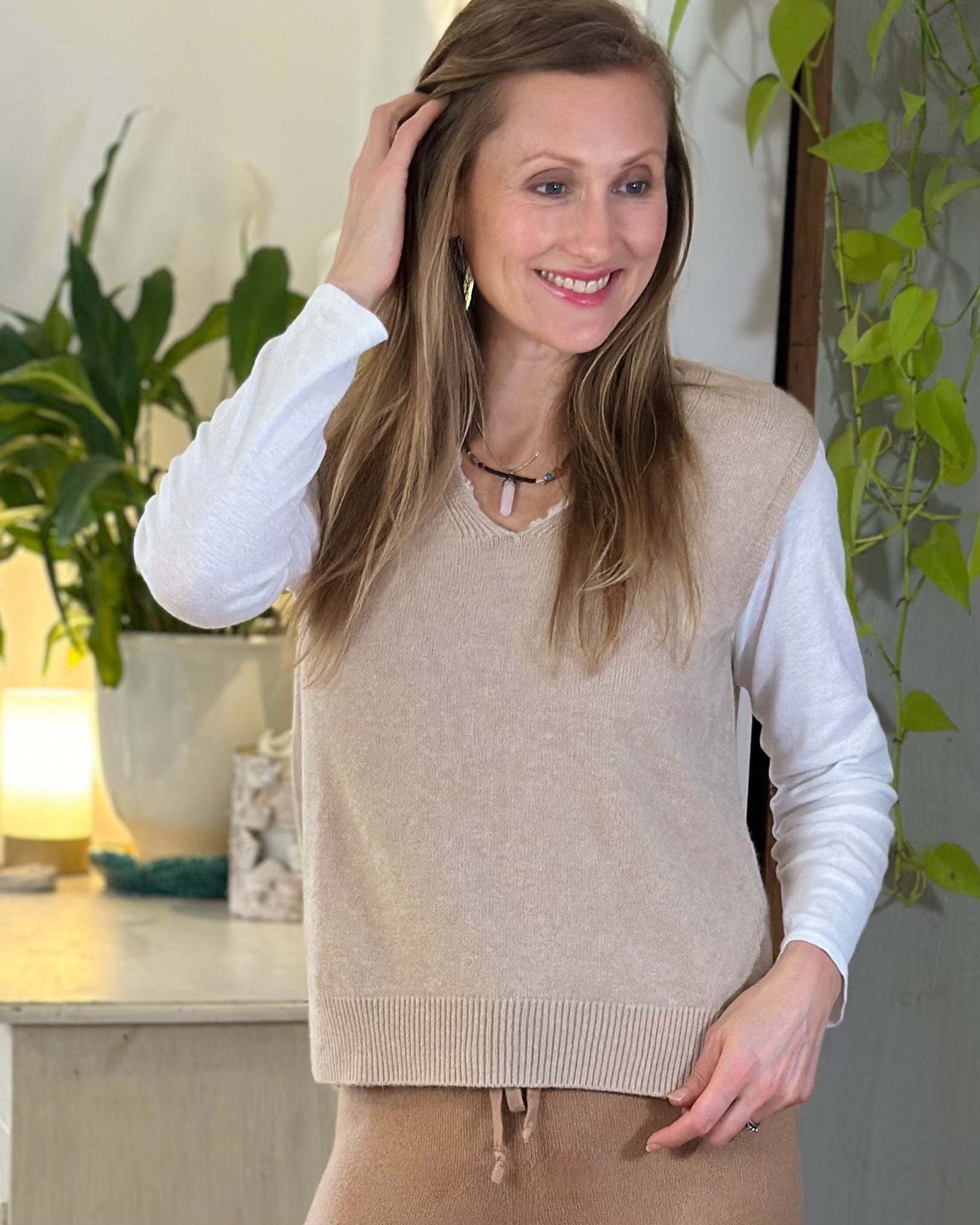 clothing Soft Knit V-Neck Sleeveless Tank Top - Sand