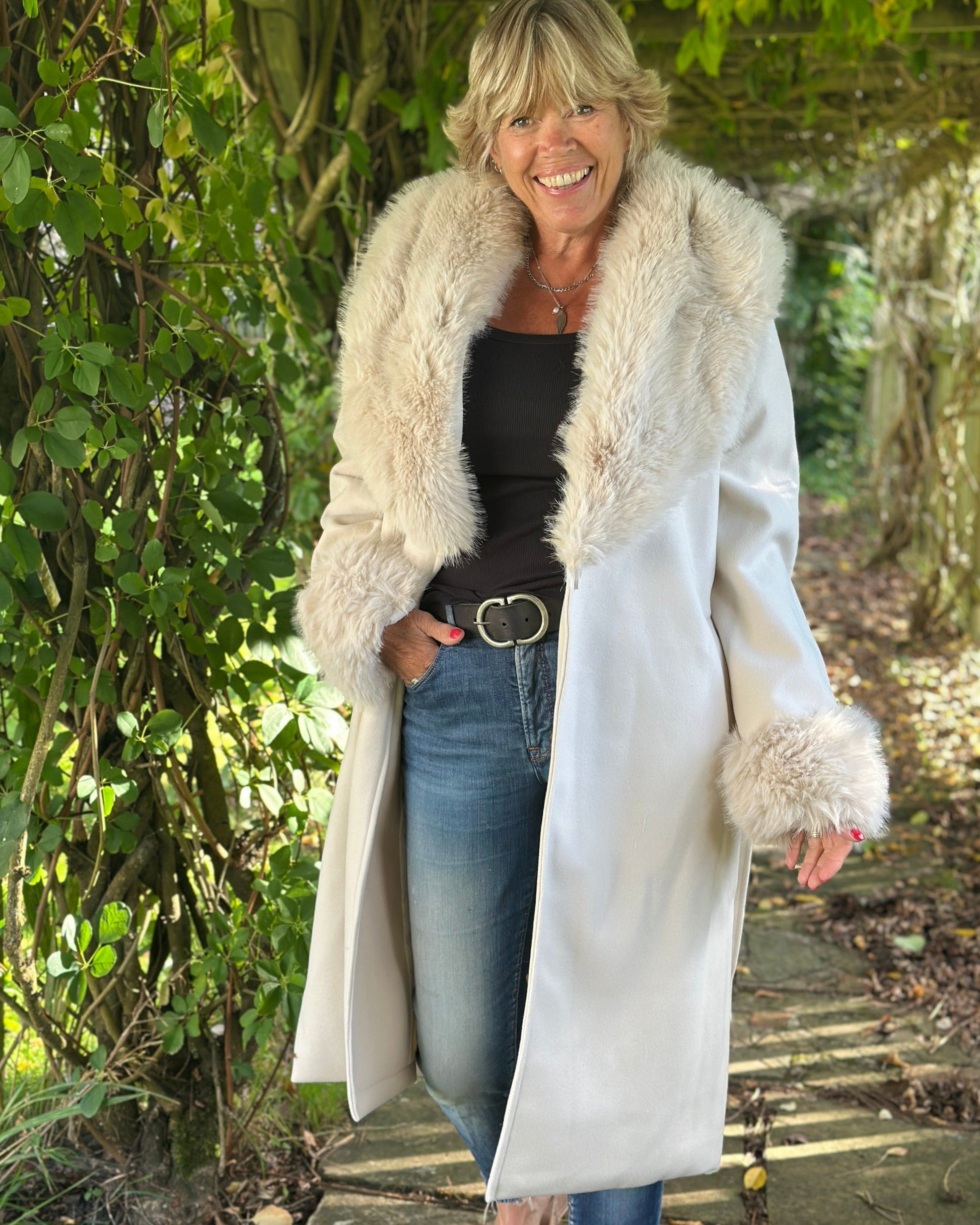 Clothing Stone Belted Coat With Fur Collar & Cuffs