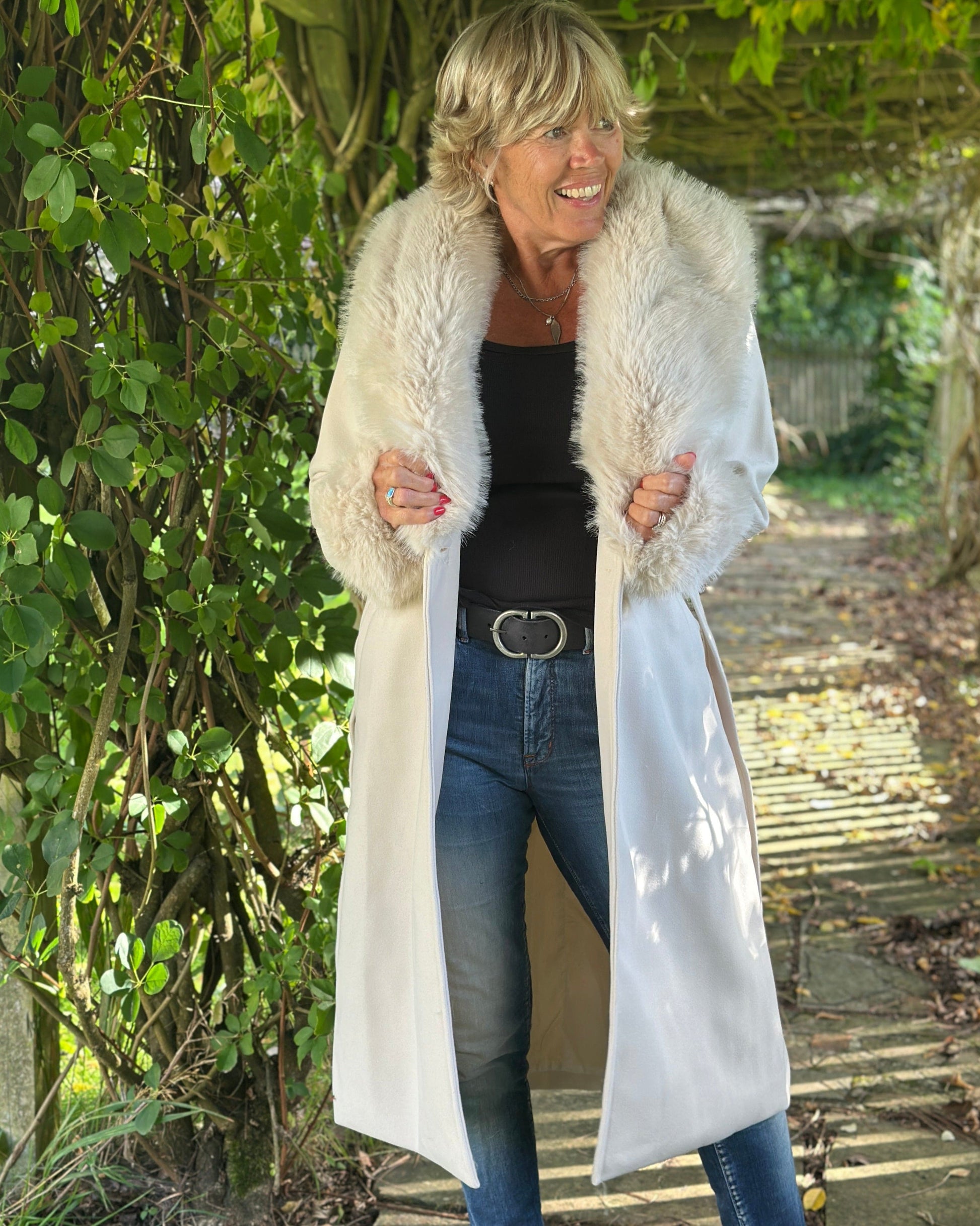 Clothing Stone Belted Coat With Fur Collar & Cuffs