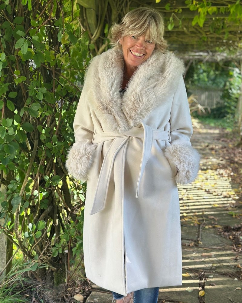 Clothing Stone Belted Coat With Fur Collar & Cuffs