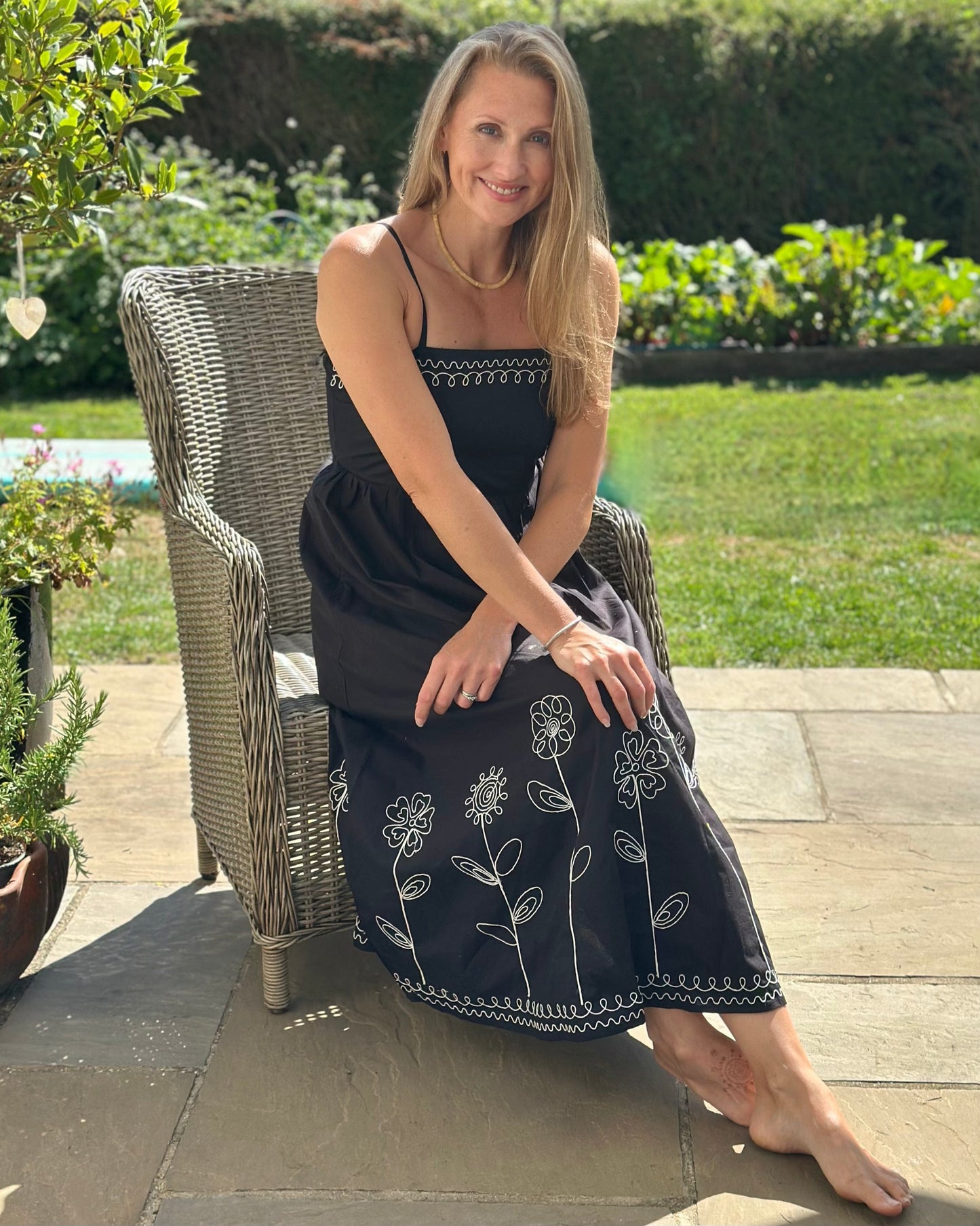 Clothing Strappy Floral Embroidered Cotton Dress - Black