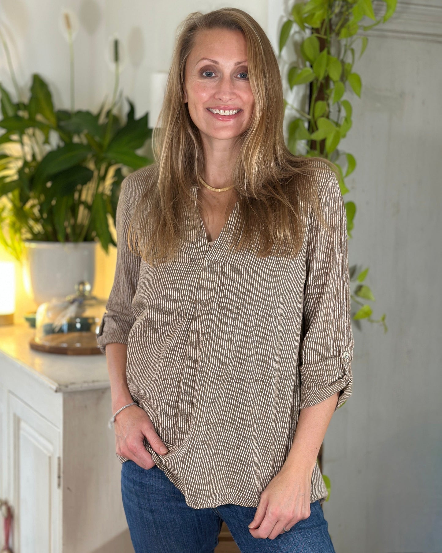 clothing Stripe Cotton Shirt - Mocha/White