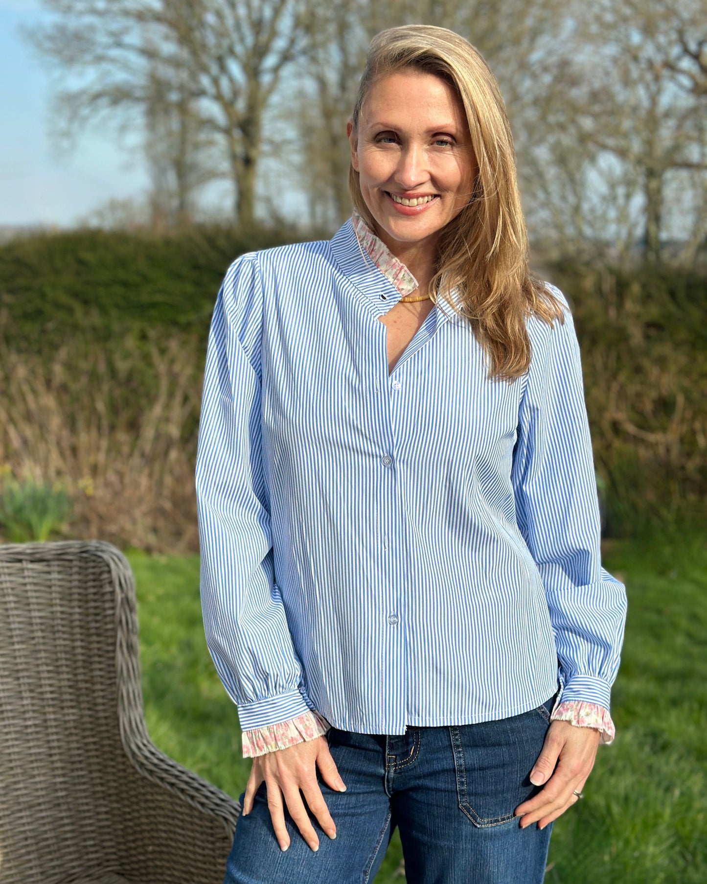 Clothing Striped Frilled Collar Blouse - Blue/White