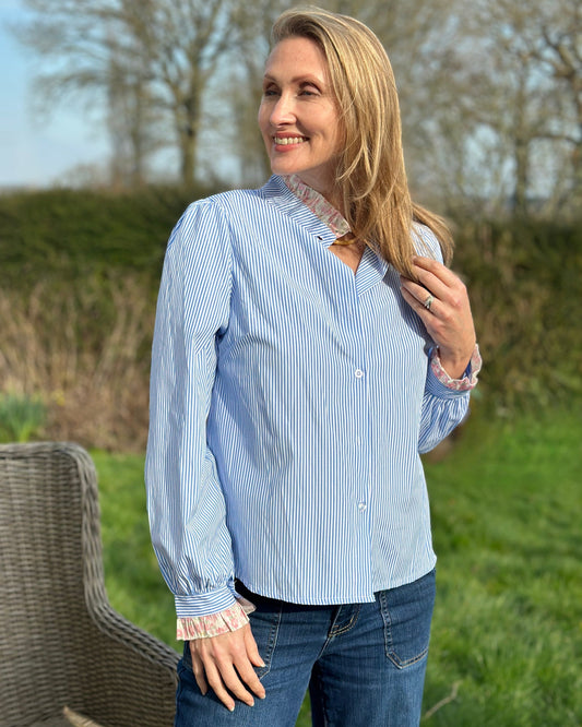 Clothing Striped Frilled Collar Blouse - Blue/White