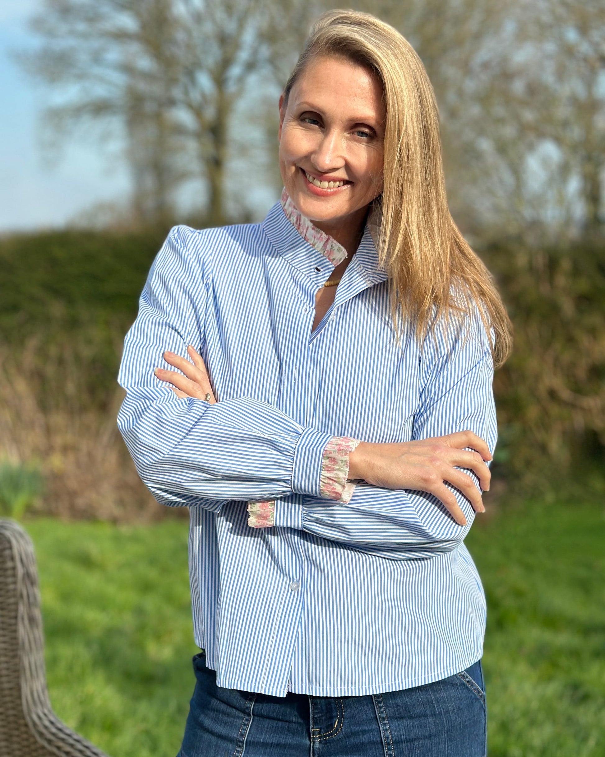 Clothing Striped Frilled Collar Blouse - Blue/White