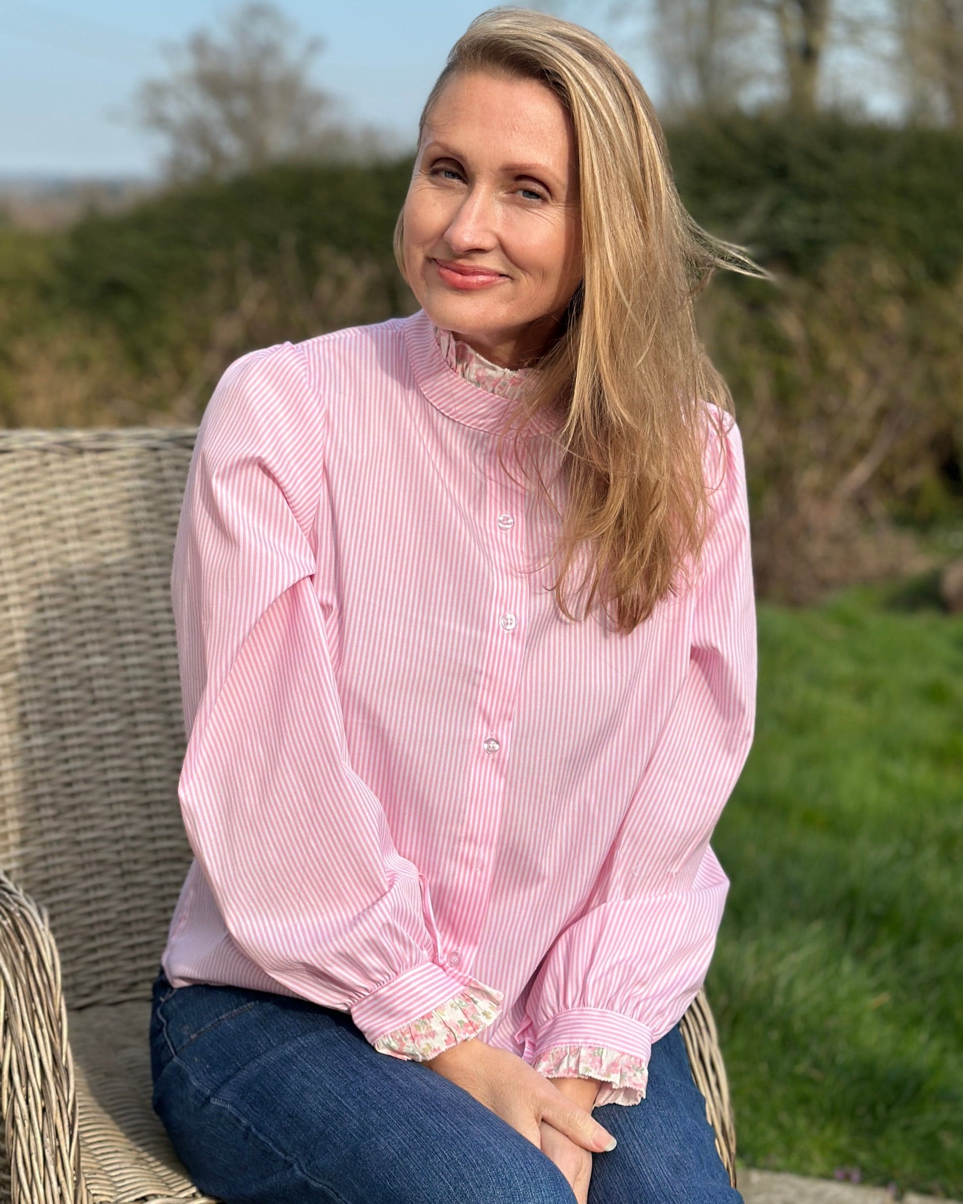 Clothing Striped Frilled Collar Blouse - Pink/White