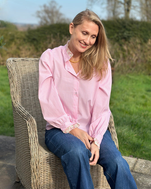 Clothing Striped Frilled Collar Blouse - Pink/White