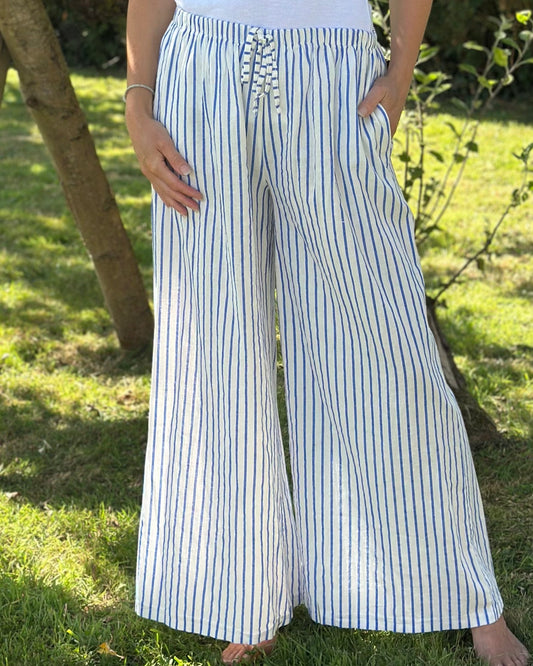 Clothing Striped Linen Wide Leg Trousers - Cornflower Blue/White