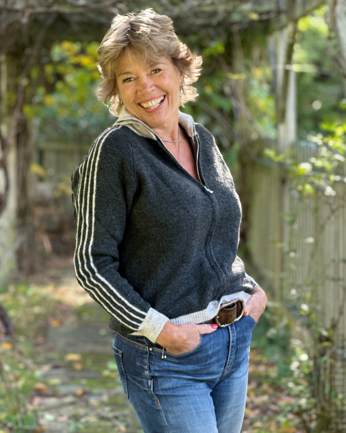 Clothing Striped Sleeve Zip Cardigan - Charcoal/Beige