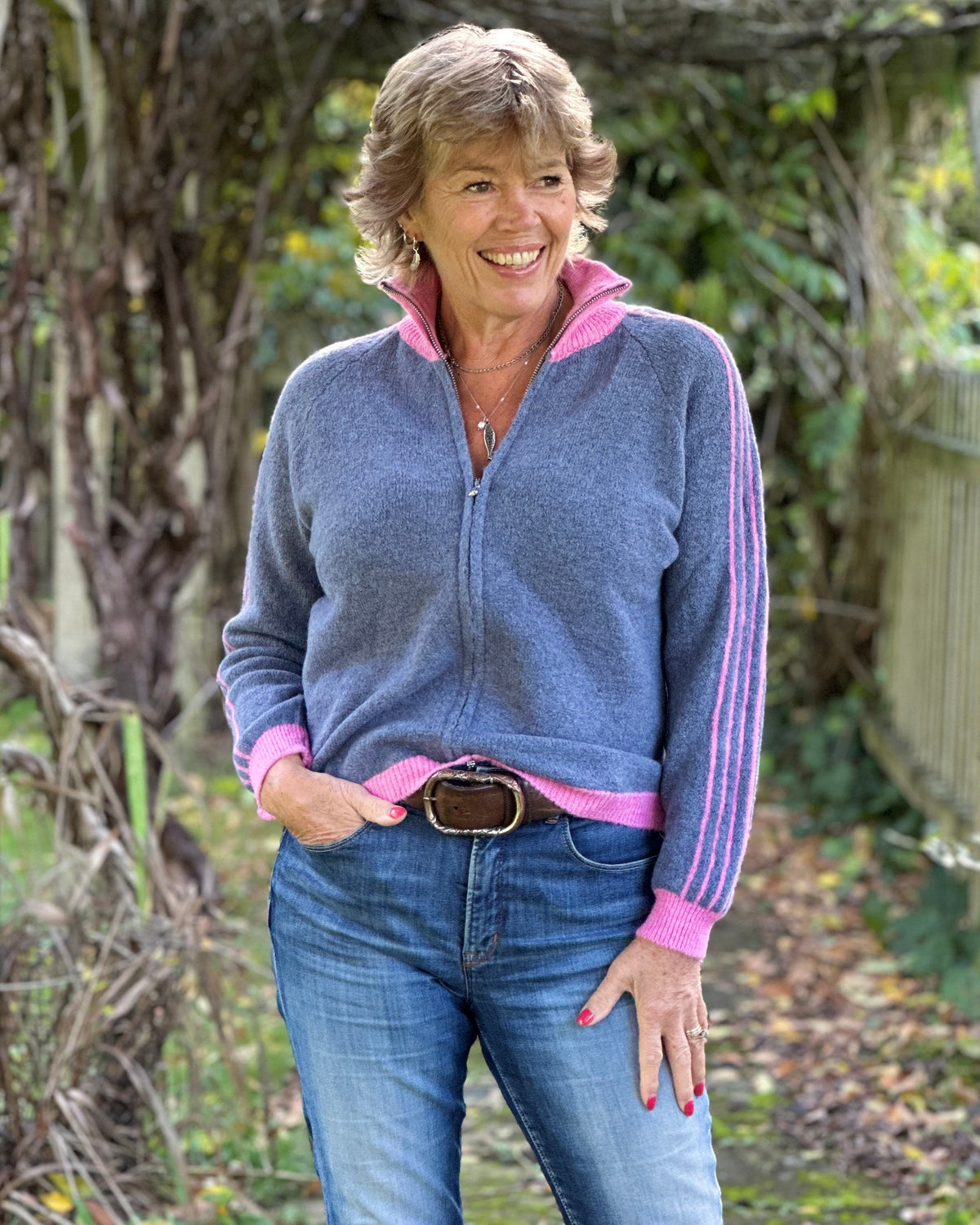 Clothing Striped Sleeve Zip Cardigan - Denim/Pink