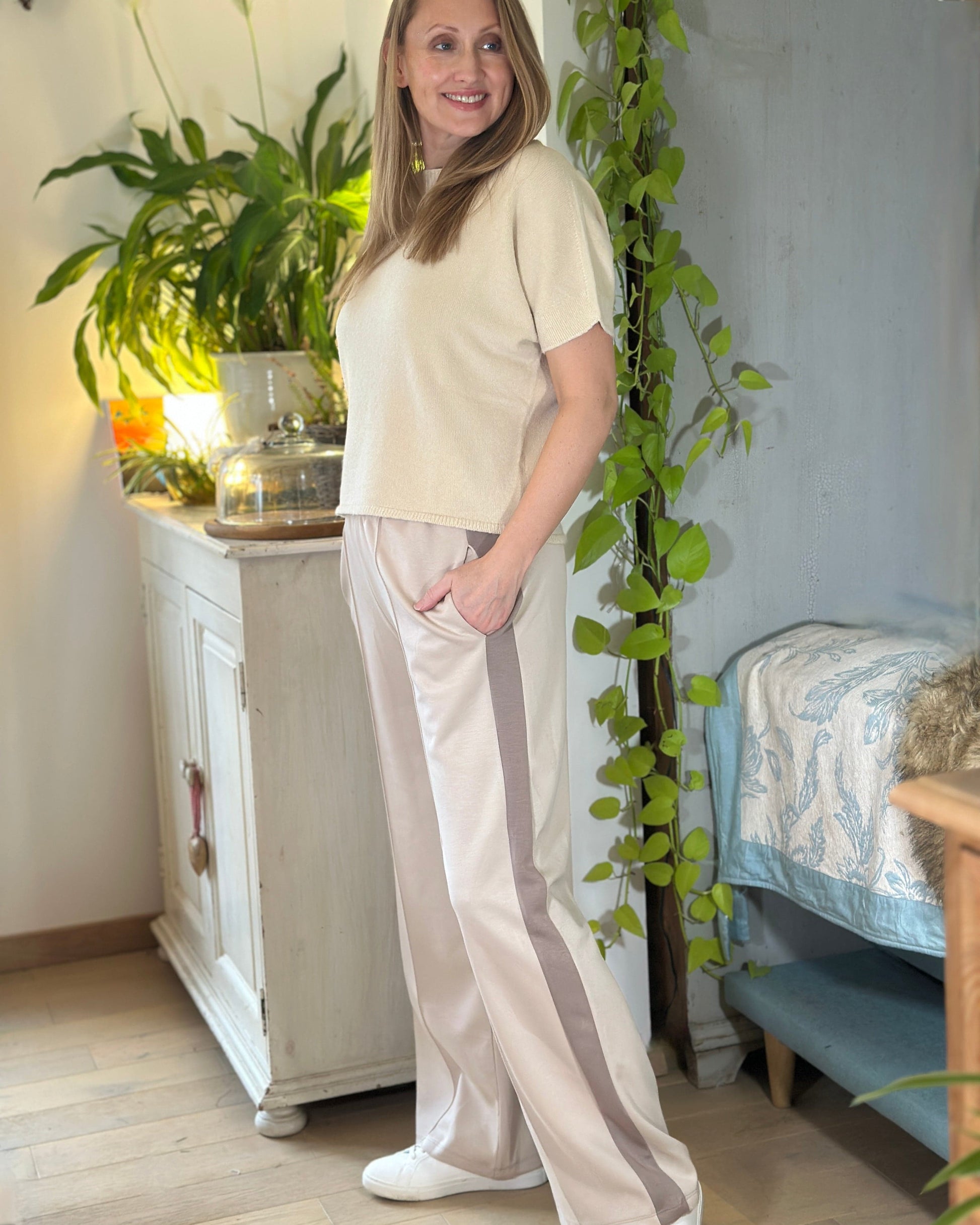 Clothing Striped Wide Leg Joggers - Beige/Taupe