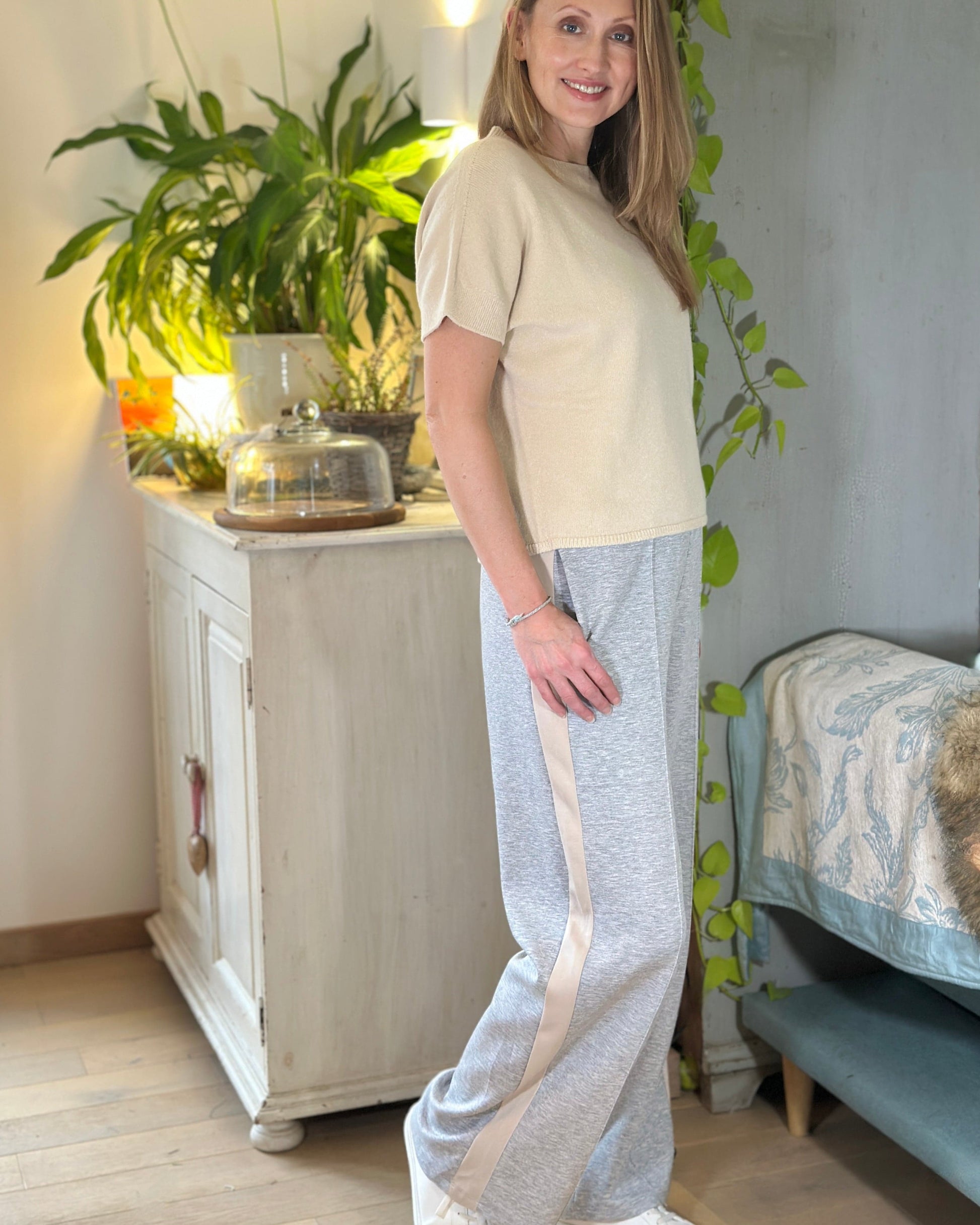 Clothing Striped Wide Leg Joggers - Pale Grey Marl/Beige