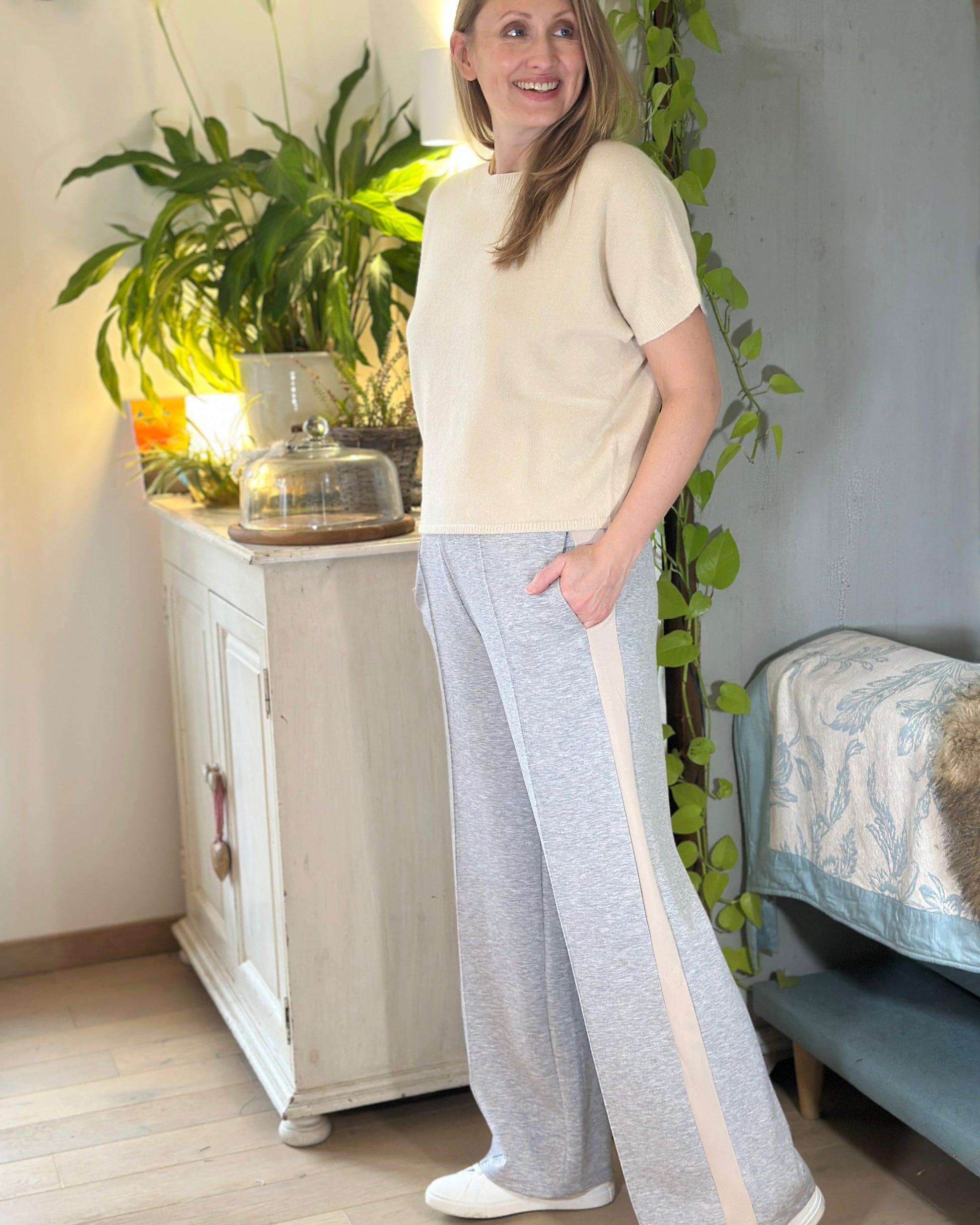 Clothing Striped Wide Leg Joggers - Pale Grey Marl/Beige