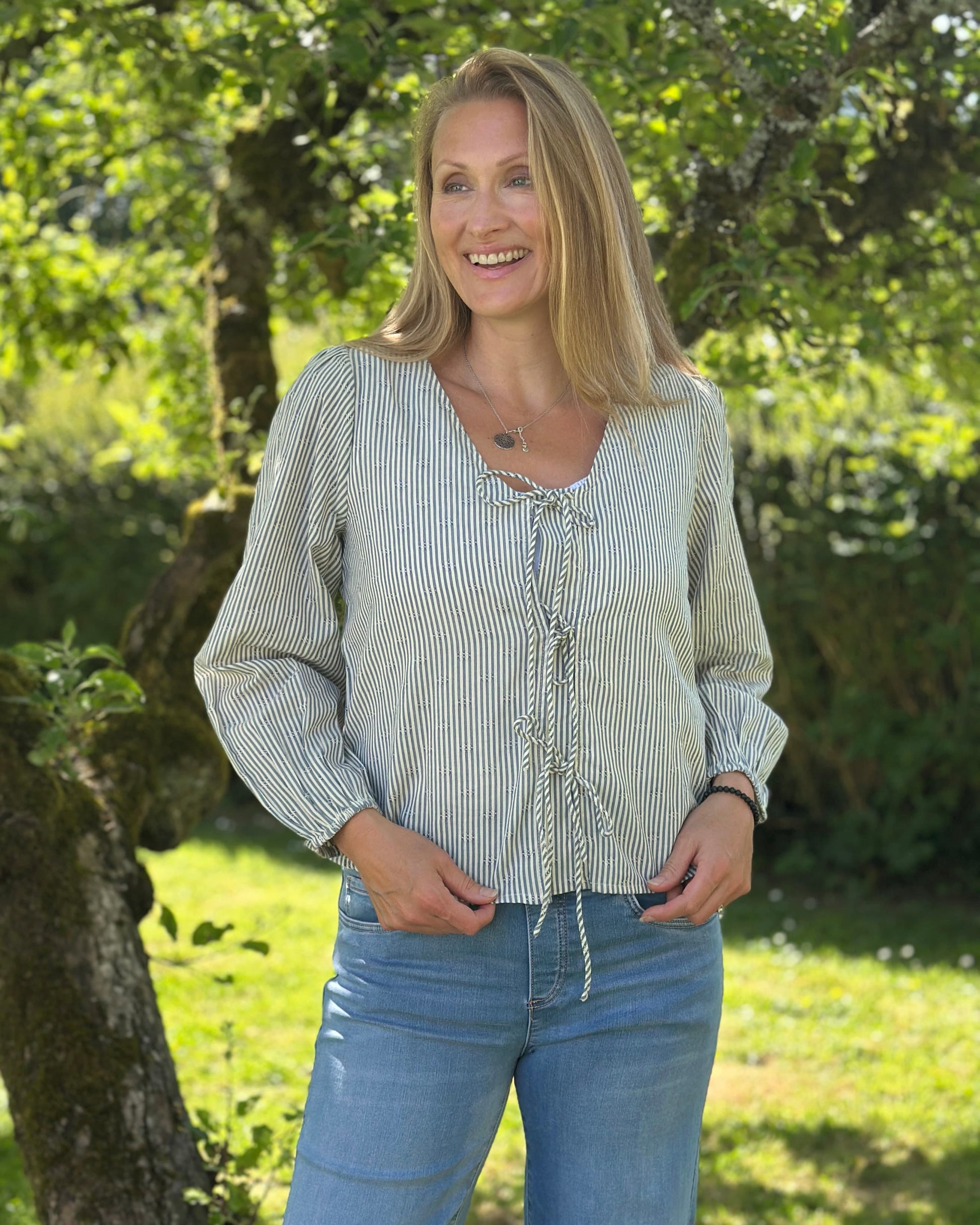 Clothing Tie Front Blouse - Denim Stripe