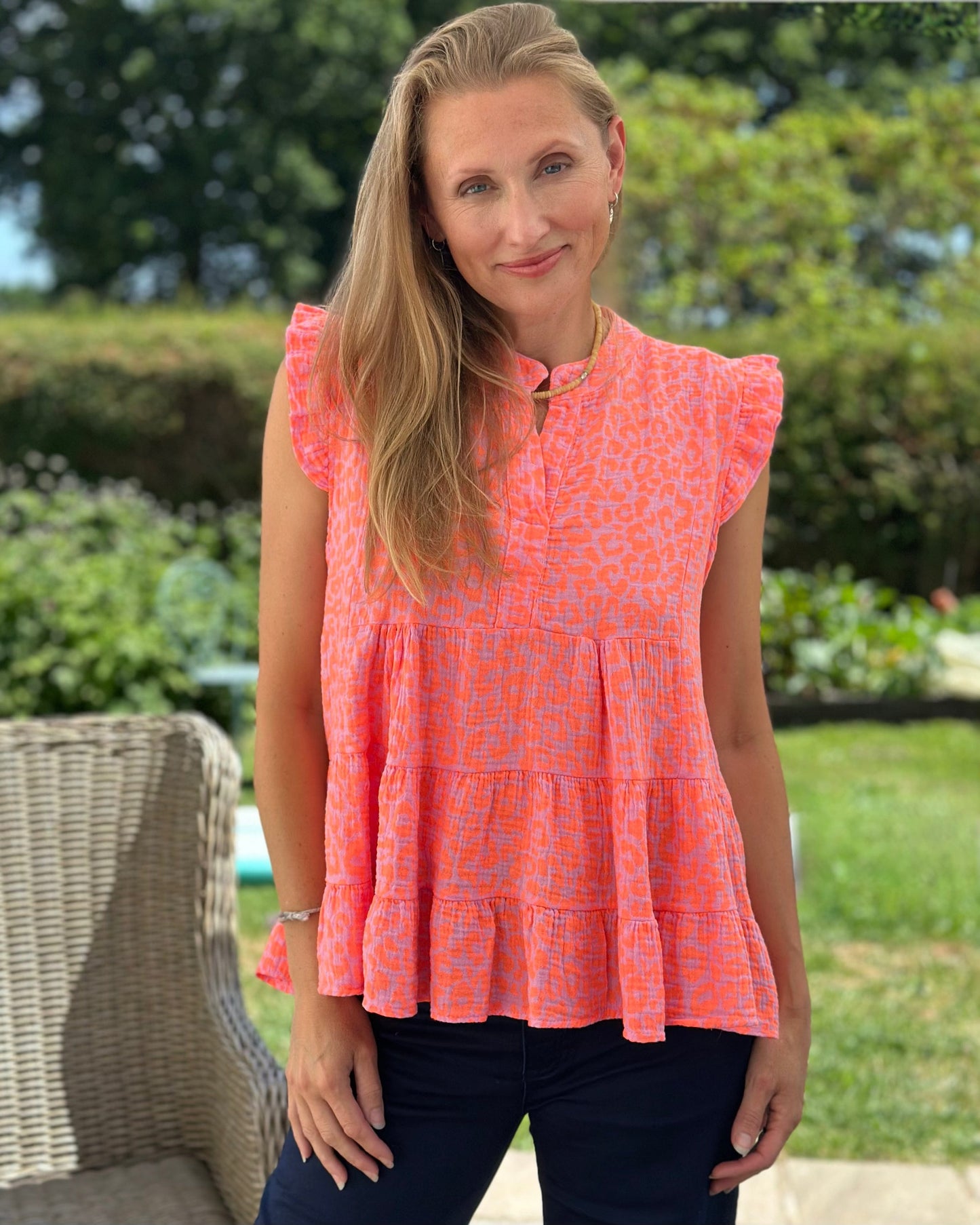 Clothing Tiered Small Leopard Print Top - Neon Orange/Pink