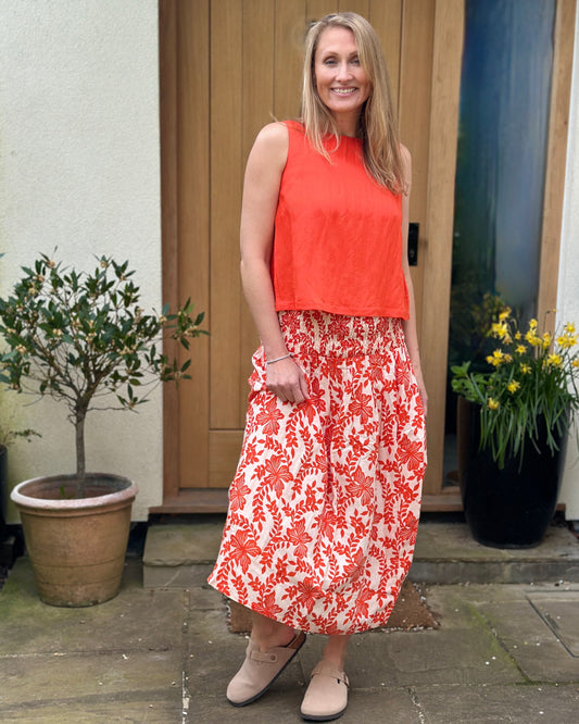 Clothing Tomato Linen Mix Button Back Top