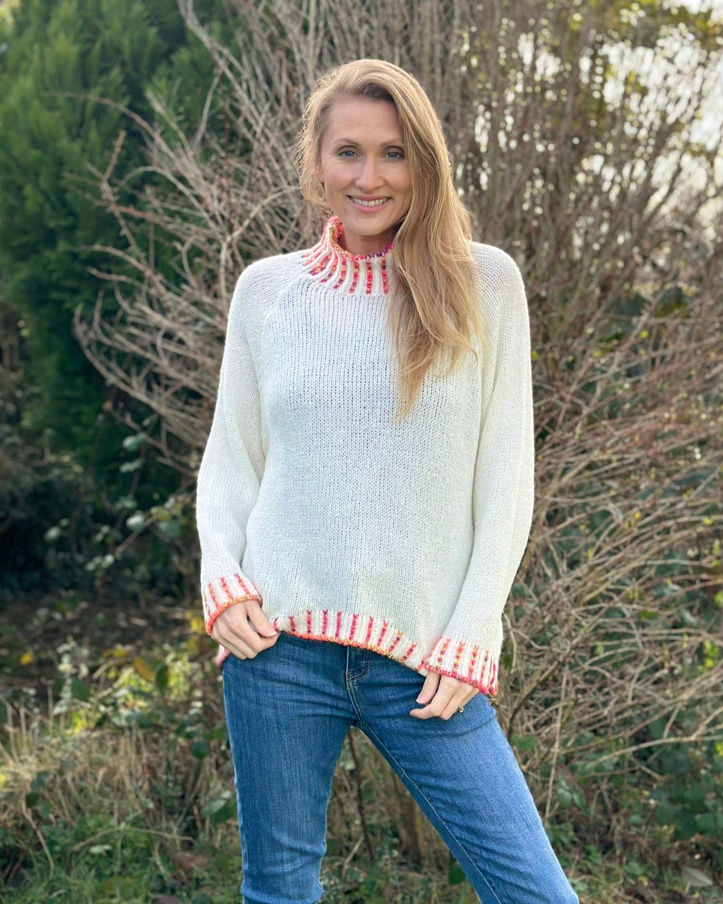 clothing Turtle Neck Jumper With Contrast Stitching - Cream