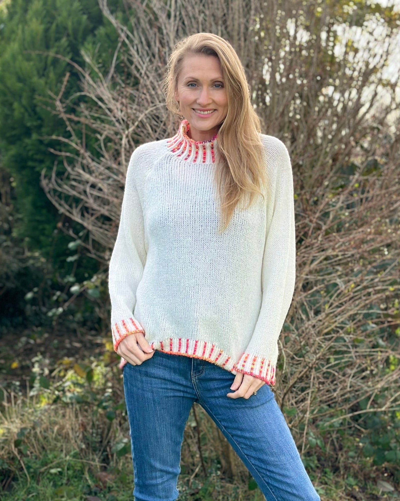 clothing Turtle Neck Jumper With Contrast Stitching - Cream