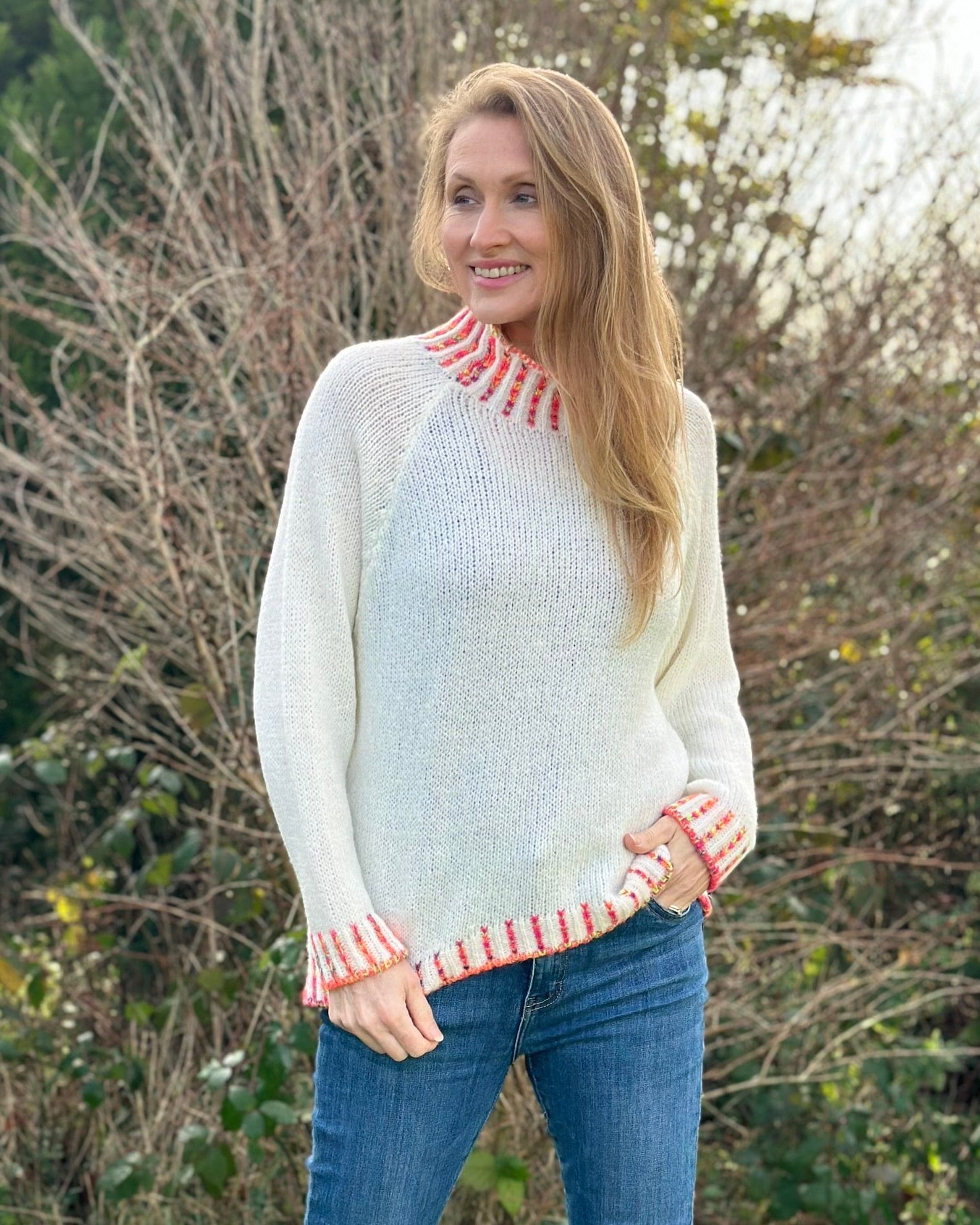 clothing Turtle Neck Jumper With Contrast Stitching - Cream
