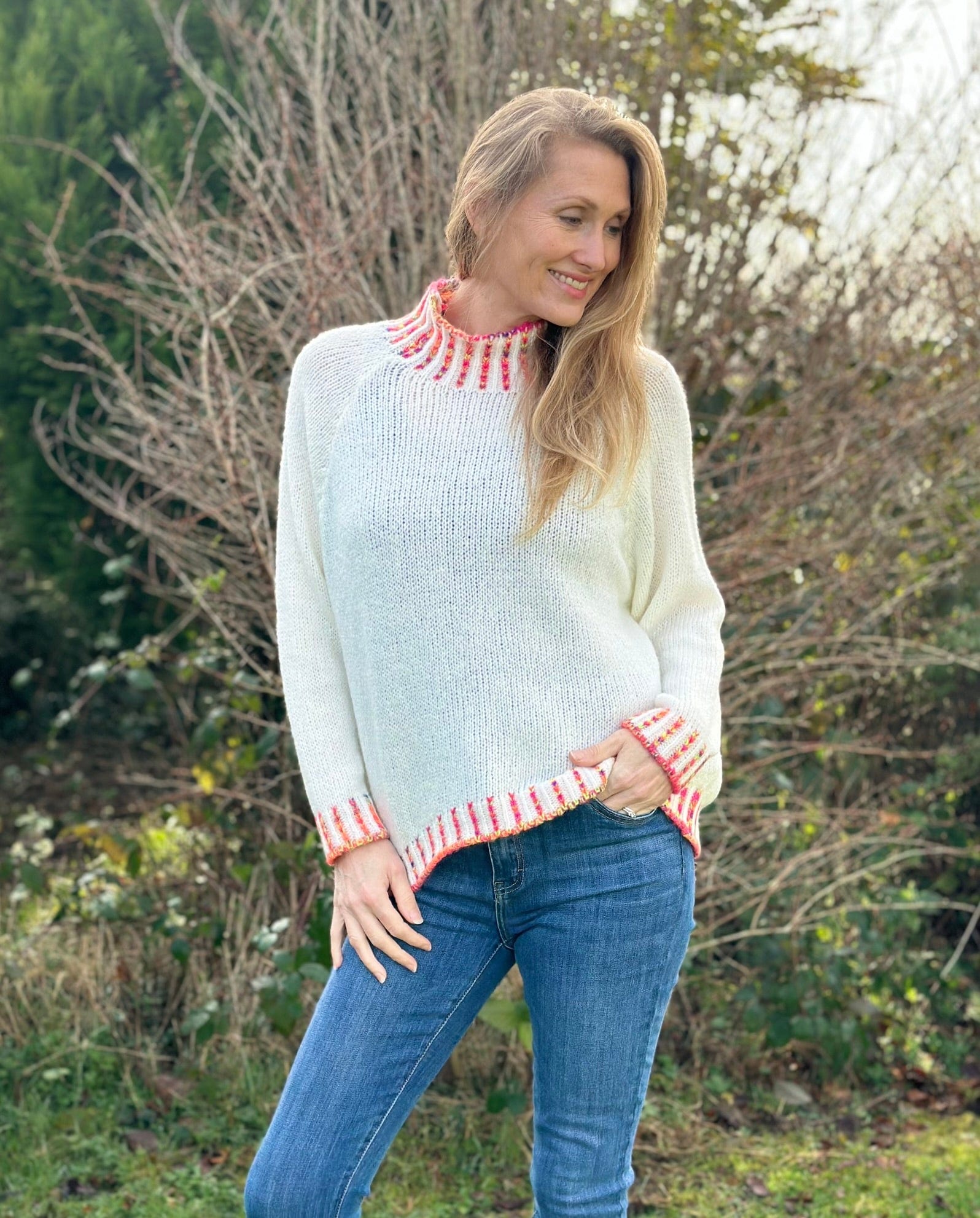 clothing Turtle Neck Jumper With Contrast Stitching - Cream