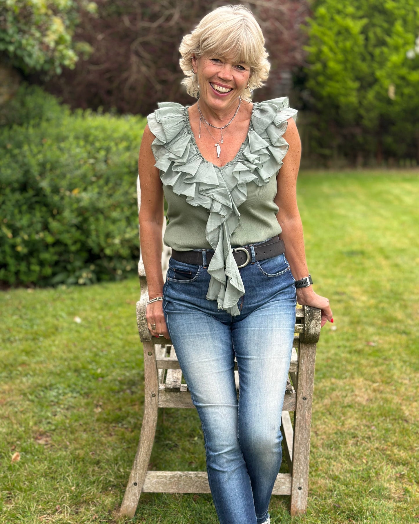 Clothing V-Neck Frill Ribbed Vest Top - Khaki