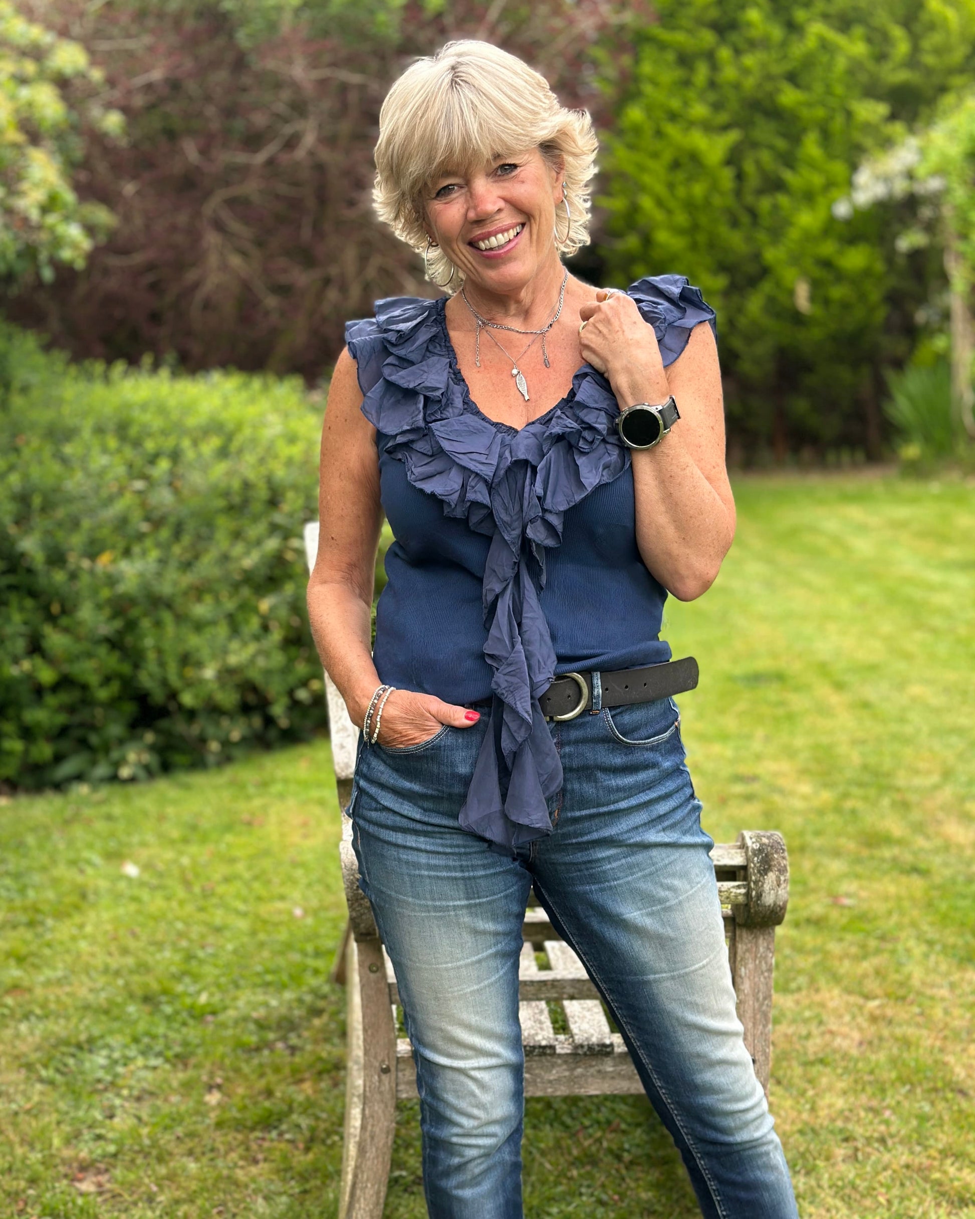 Clothing V-Neck Frill Ribbed Vest Top - Navy