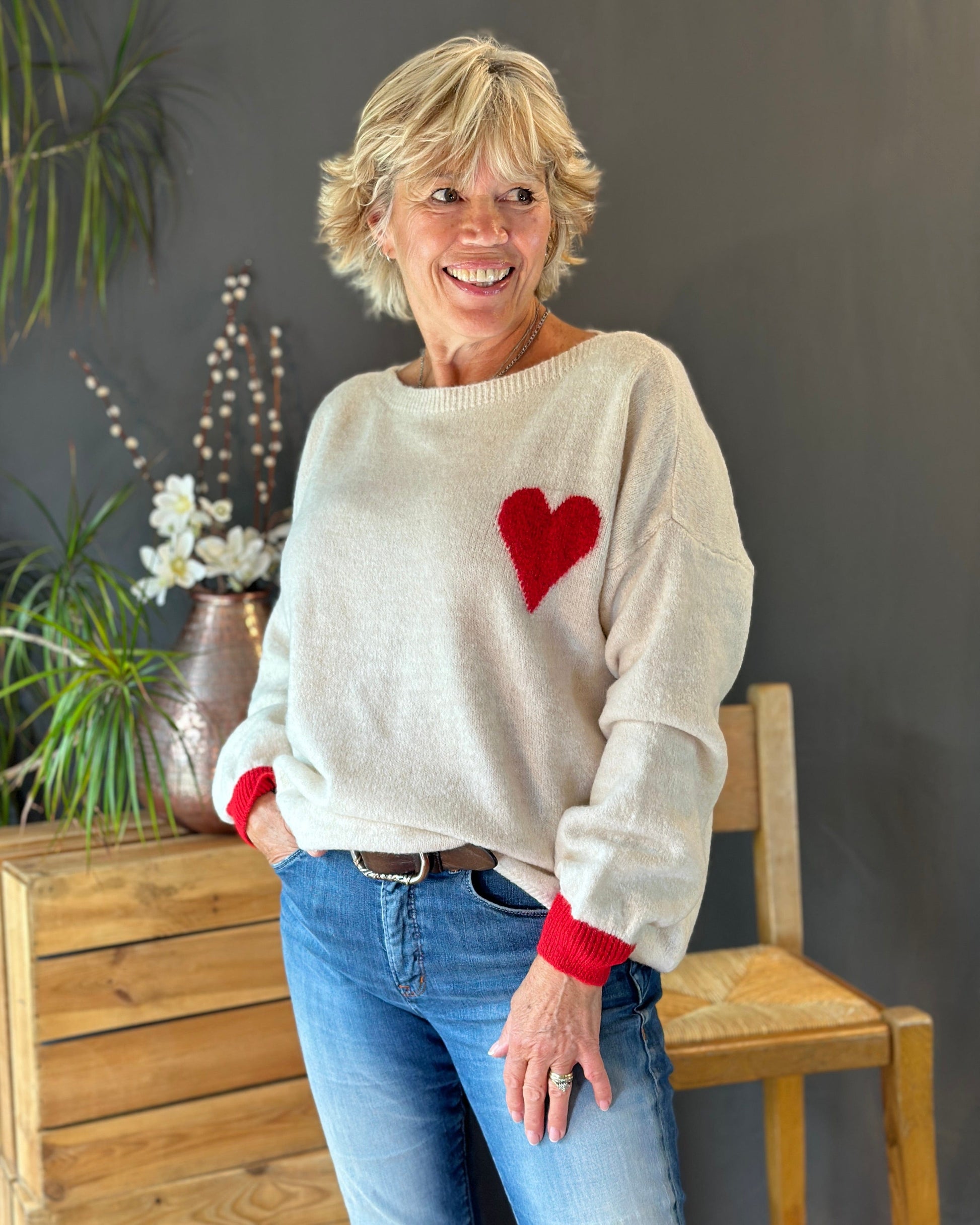 Clothing V-Neck Heart Motif Jumper - Beige