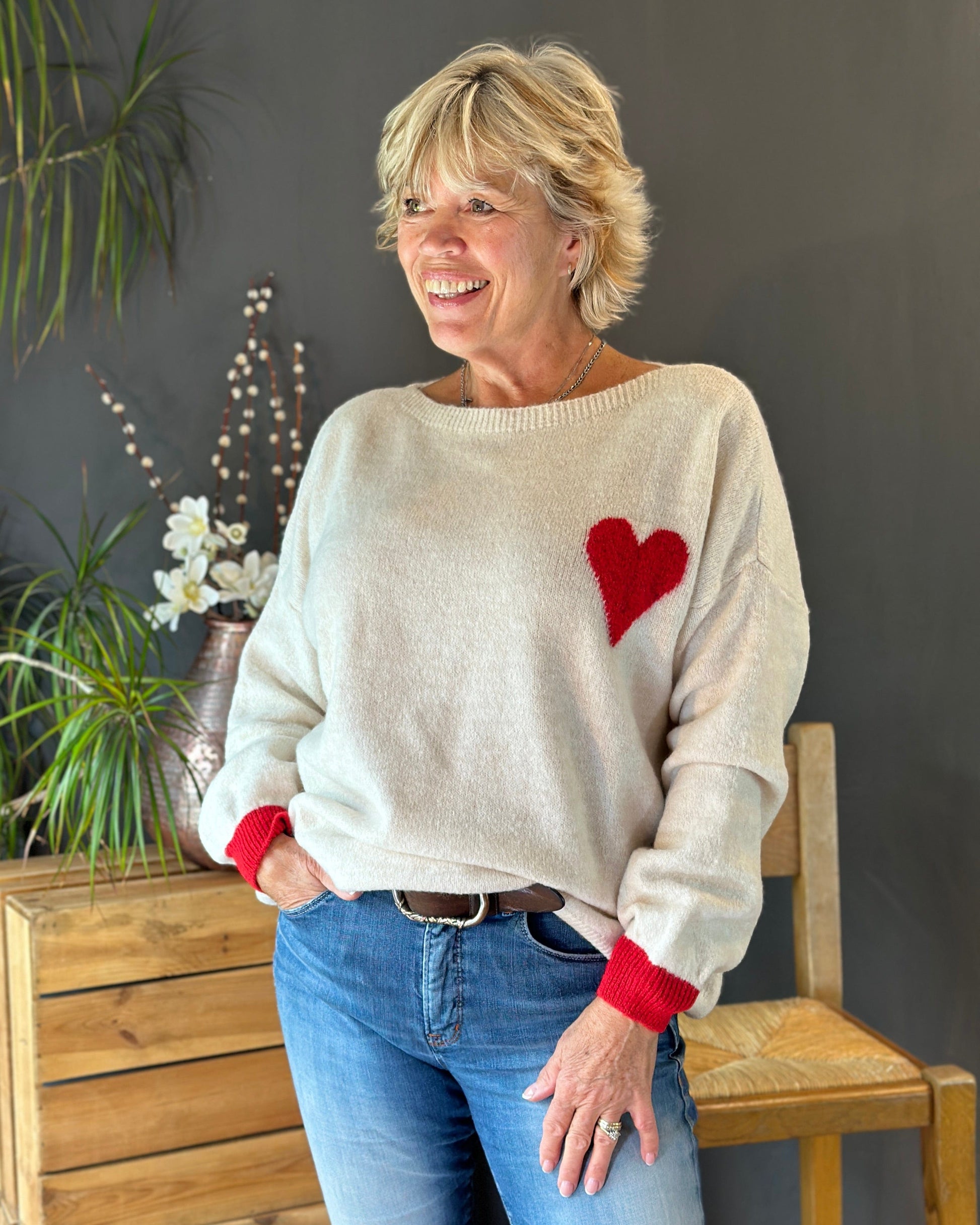 Clothing V-Neck Heart Motif Jumper - Beige