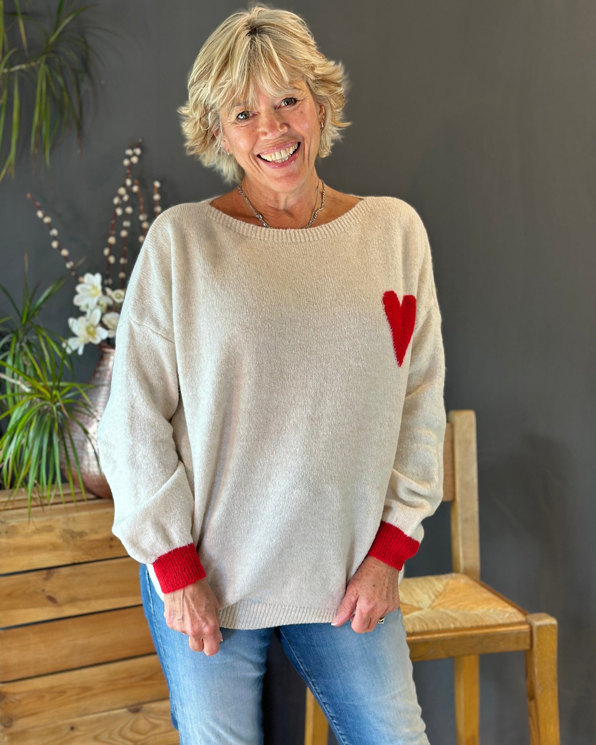 Clothing V-Neck Heart Motif Jumper - Beige