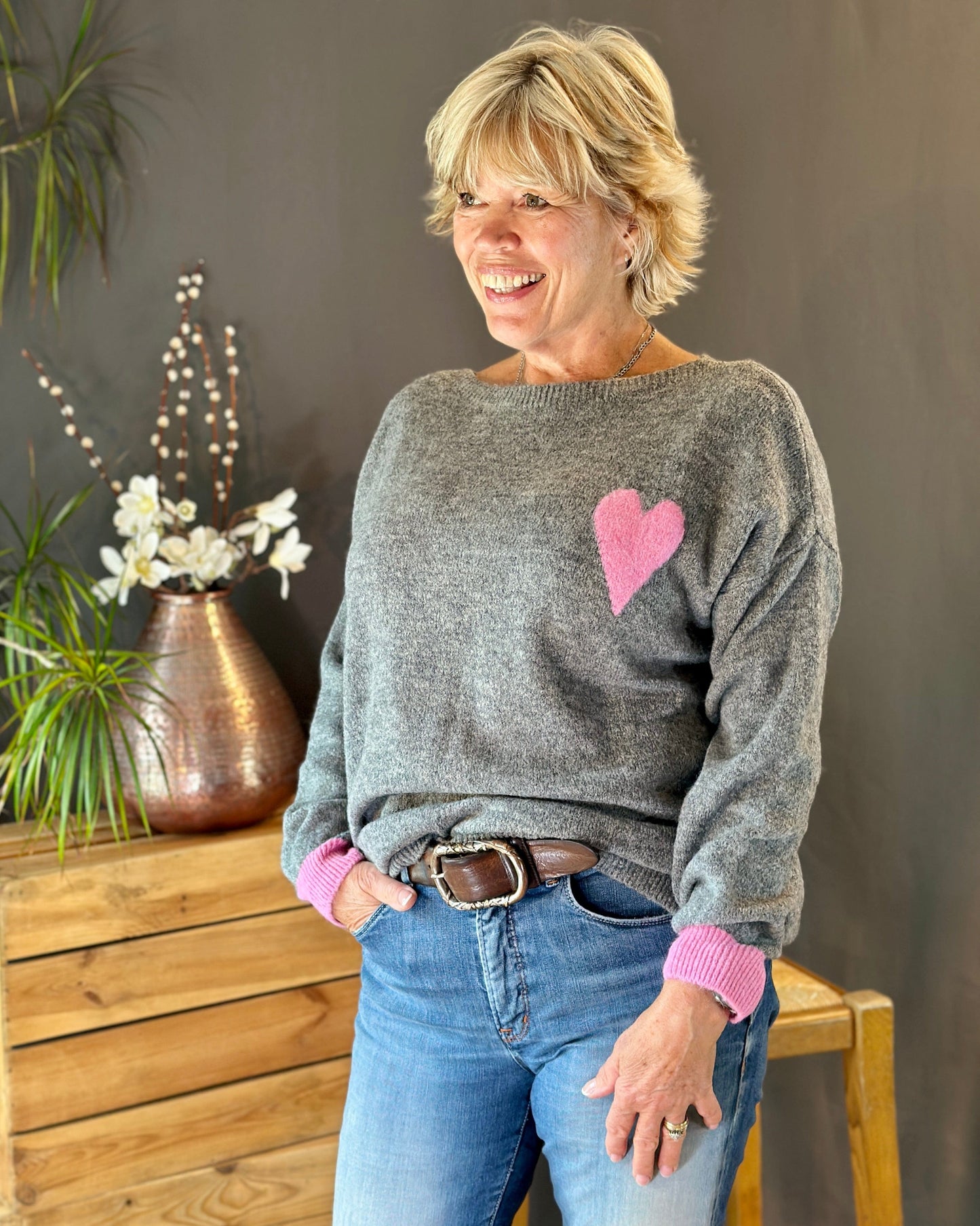 Clothing V-Neck Heart Motif Jumper - Grey