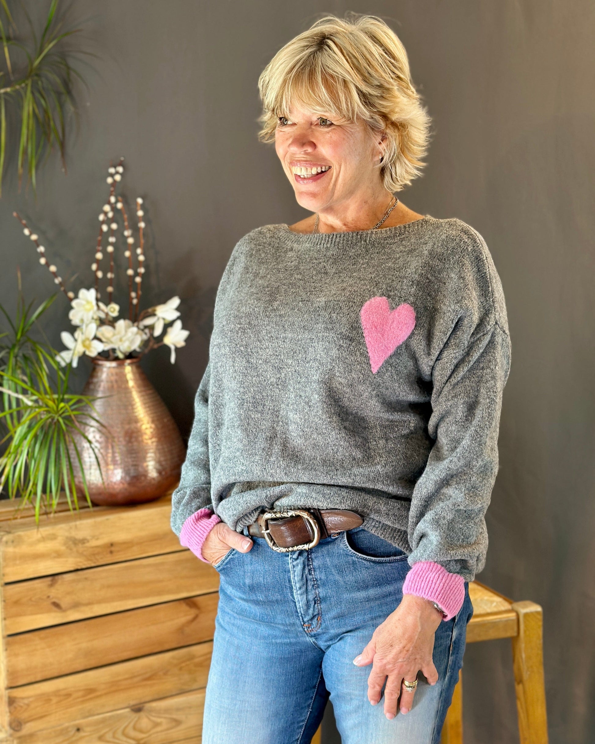 Clothing V-Neck Heart Motif Jumper - Grey