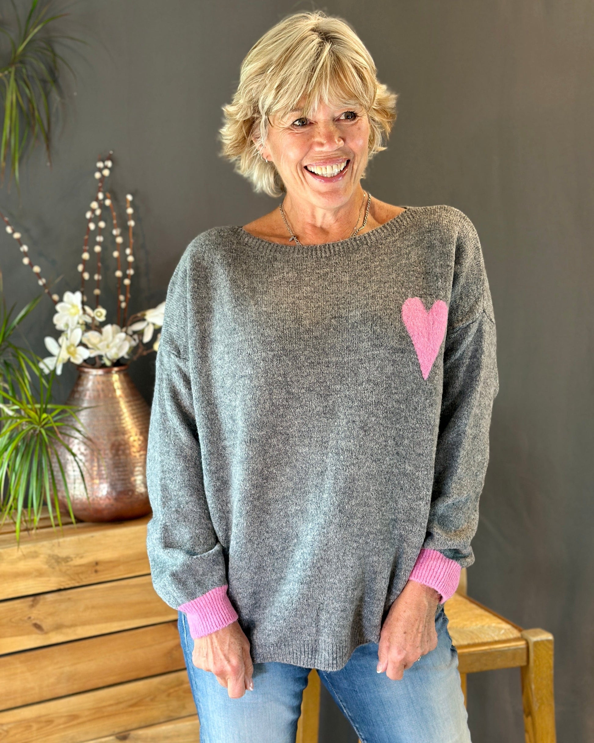 Clothing V-Neck Heart Motif Jumper - Grey