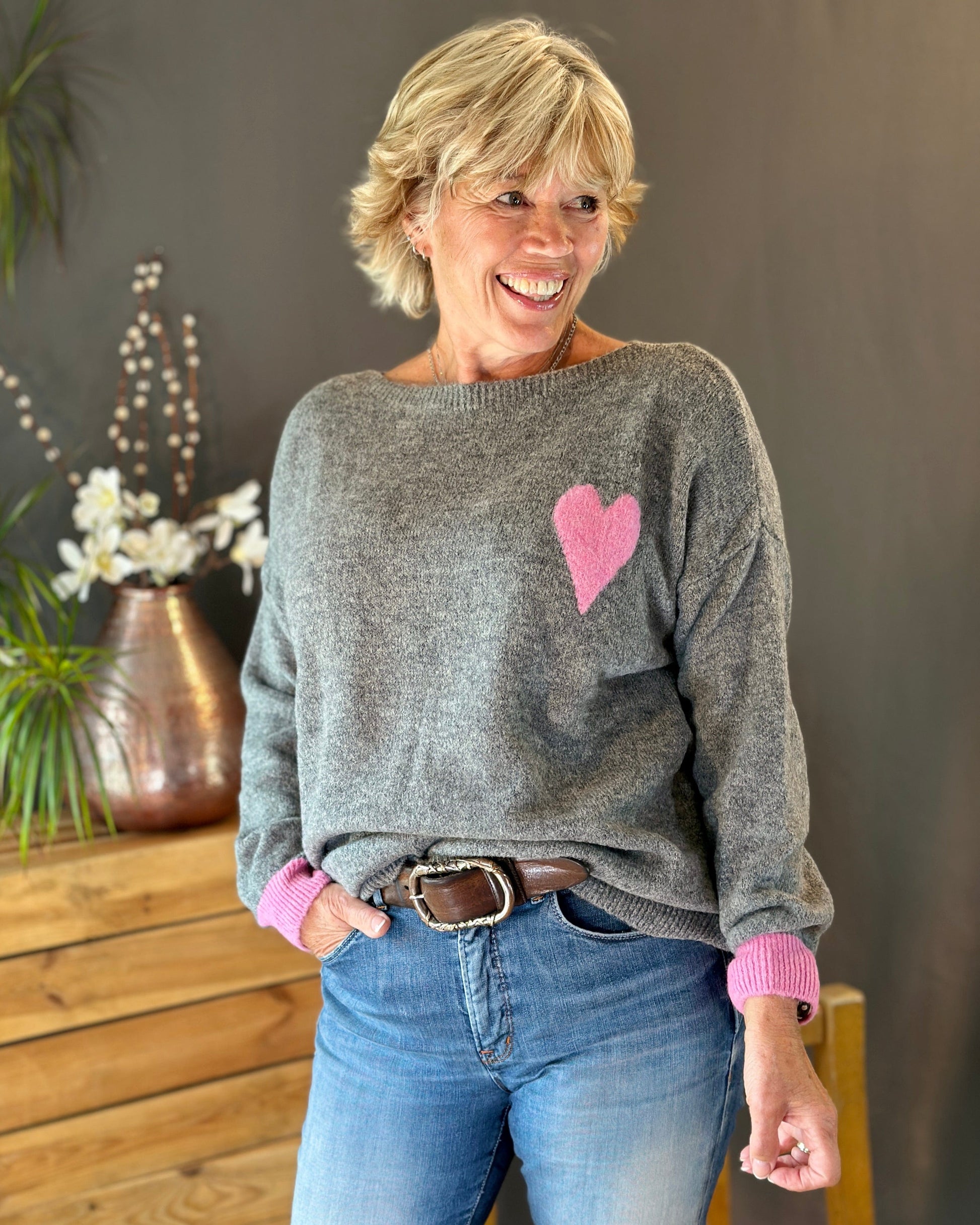 Clothing V-Neck Heart Motif Jumper - Grey